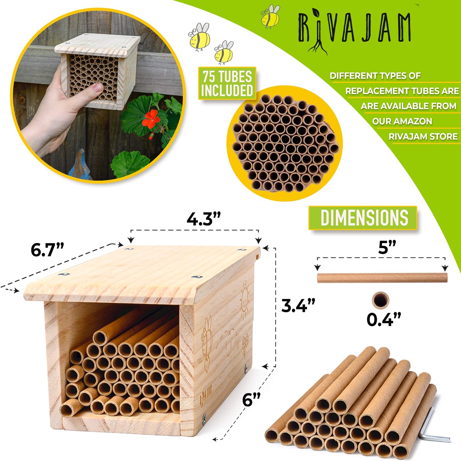 Rivajam Build a Bee House DIY Woodworking Project | Solitary Mason Bee House Nesting Box Wood Building Kit & Tools