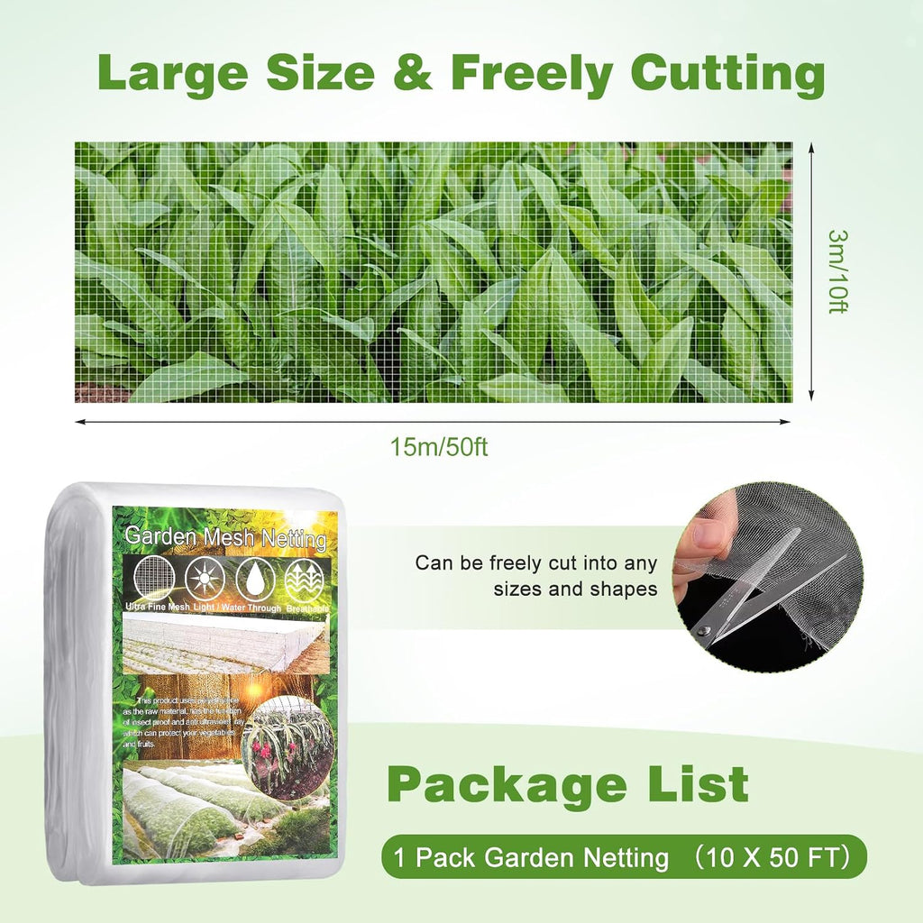 Garden Netting Pest Barrier, 10 X 50FT Insect Netting for Garden Raised Beds, Garden Mesh Netting Bug Netting Row Cover