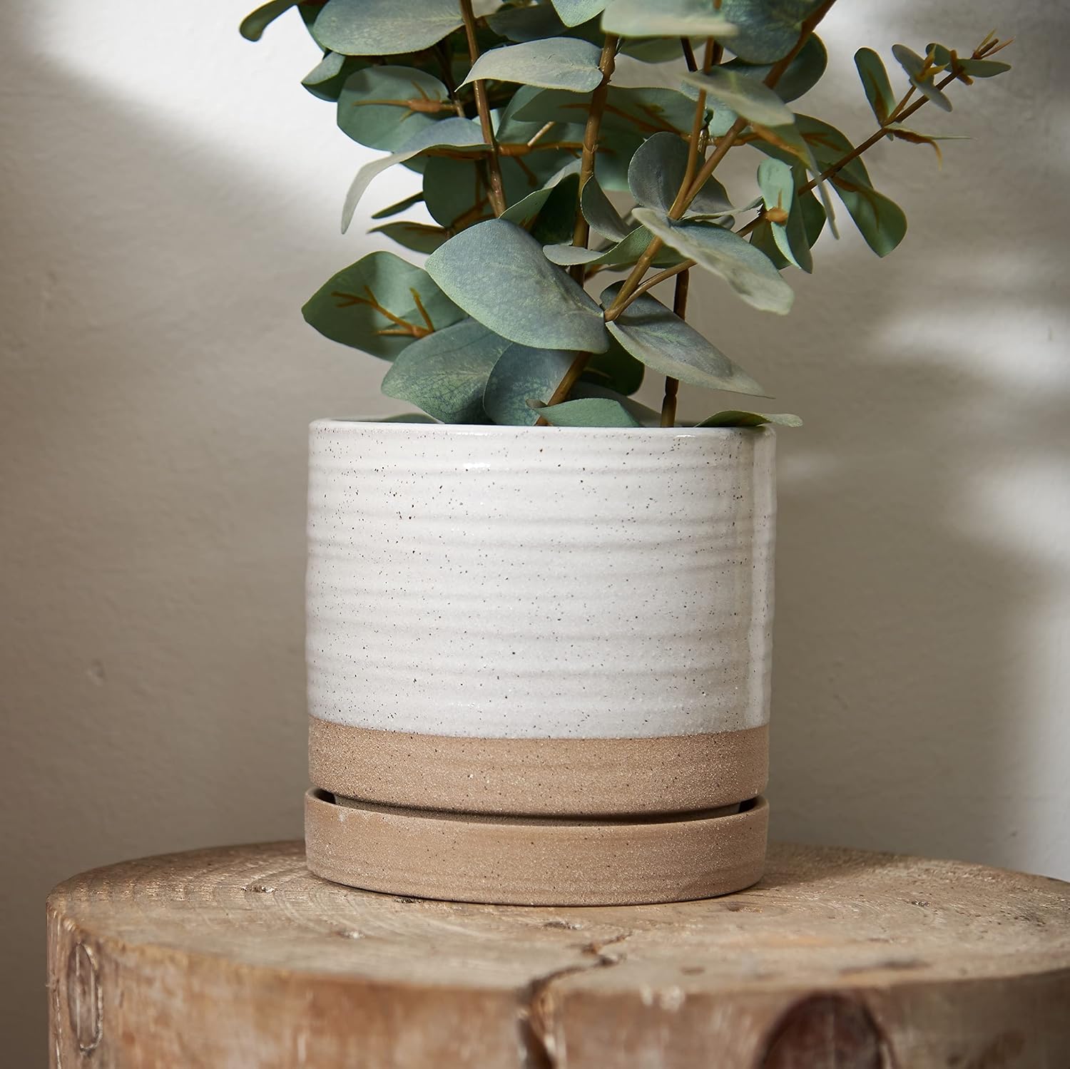 HERDUK 6 Inch Plant Pots, Ceramic Planter Pot with Drainage Hole & Saucer, Indoor/Outdoor Cylinder Round Planter Pot