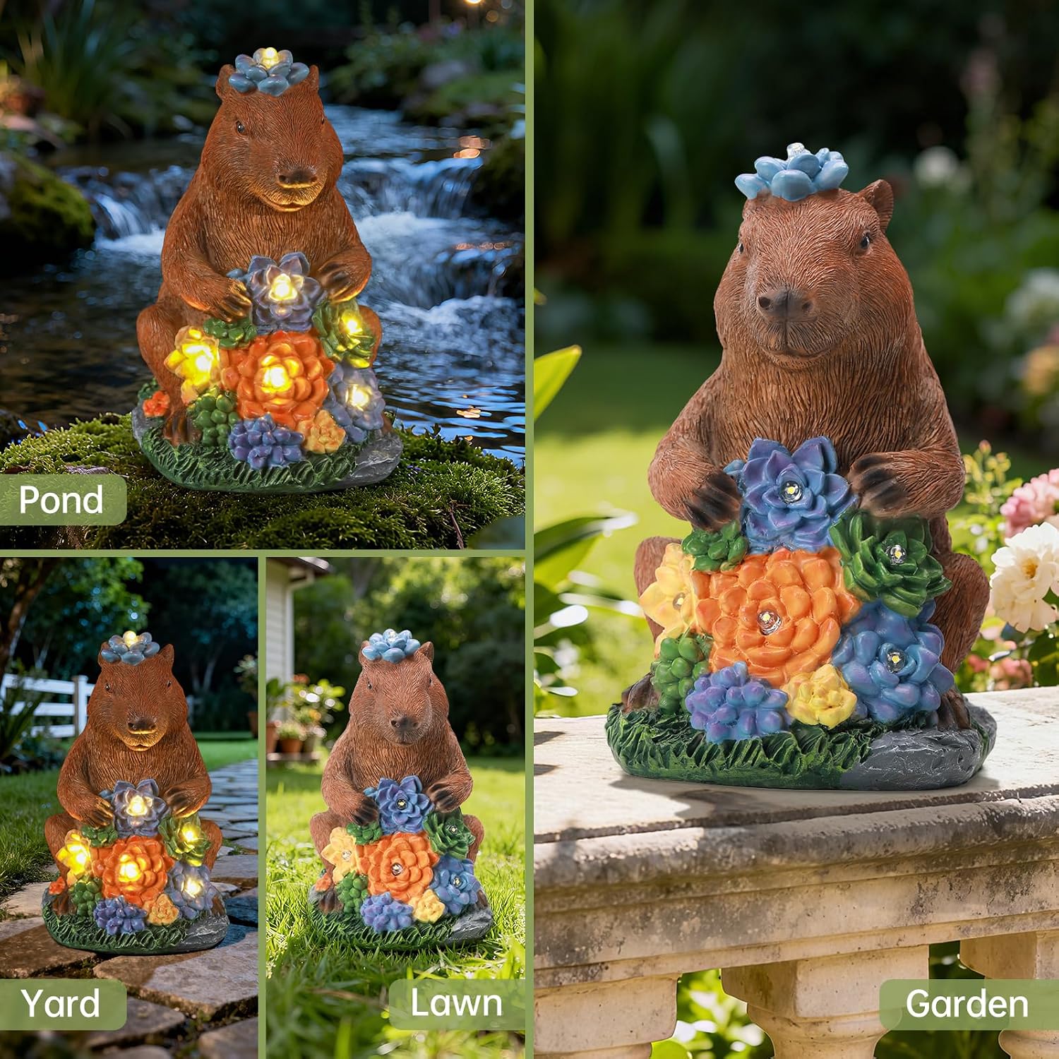 Solar Capybara Garden Statue with Flower LED Lights, Resin Capybara Garden Decor, Outdoor Statue, Patio, Yard, Pond