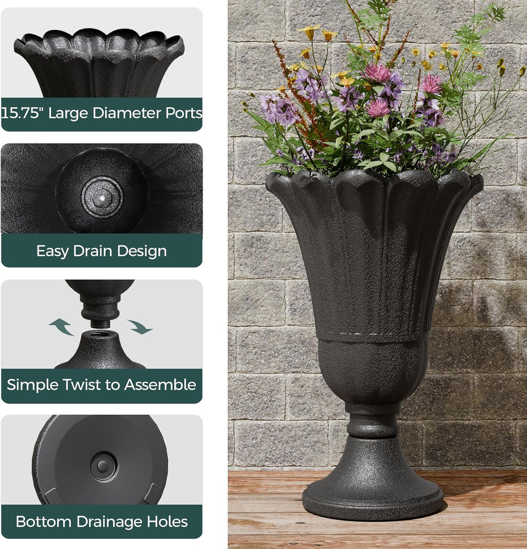 Tall Plastic Urn Planters and Pedestal - 24" Outdoor Planter Black | Weather-Resistant Plastics HDPE Material with