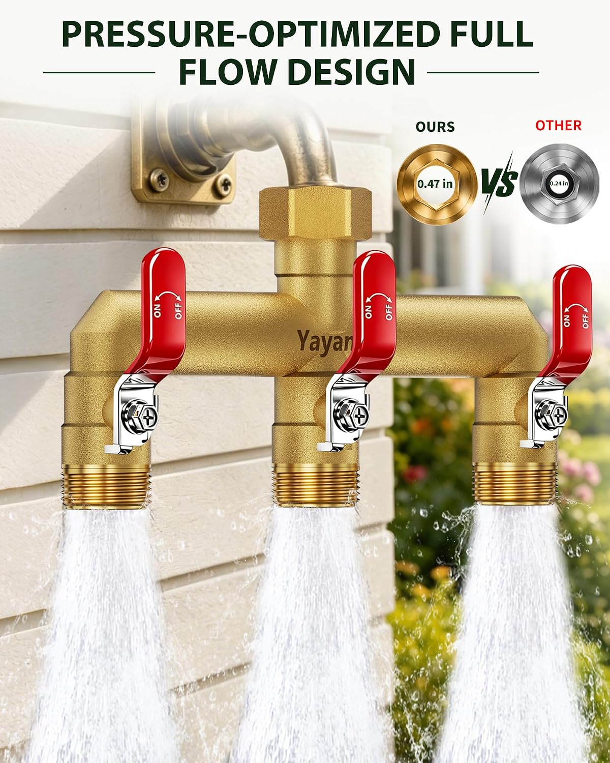 3 Way Garden Hose Splitter, 3/4" GHT Full Flow Hose Splitter | One-Piece Heavy Duty Full Brass Body with Shut-off