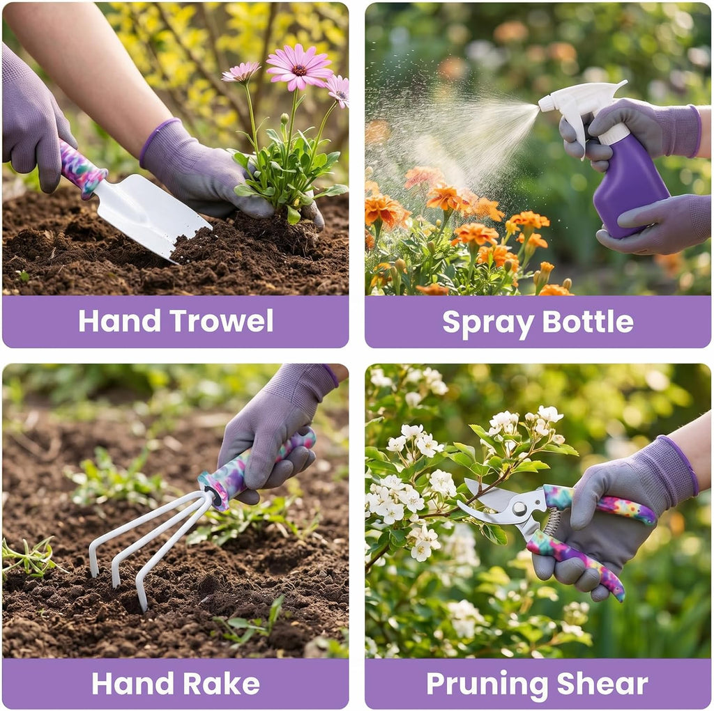 10-Piece Garden Tool Set with Sturdy Carrying Case – Purple Floral Gardening Set for Women – Ergonomic Garden Hand