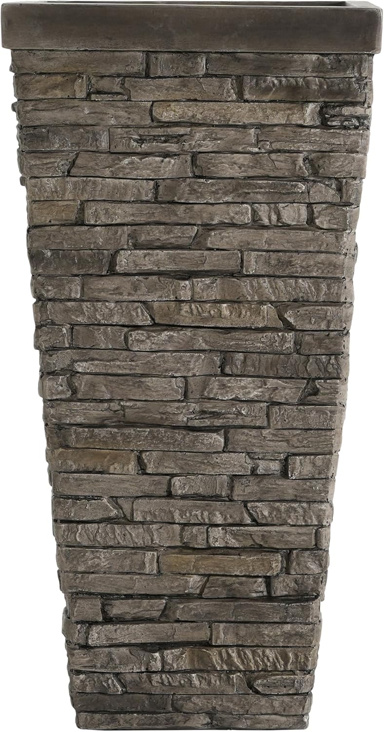 Christopher Knight Home Tall Square Planter Pot with Stone Effect Texture, MGO Outdoor Indoor Planter with Drainage