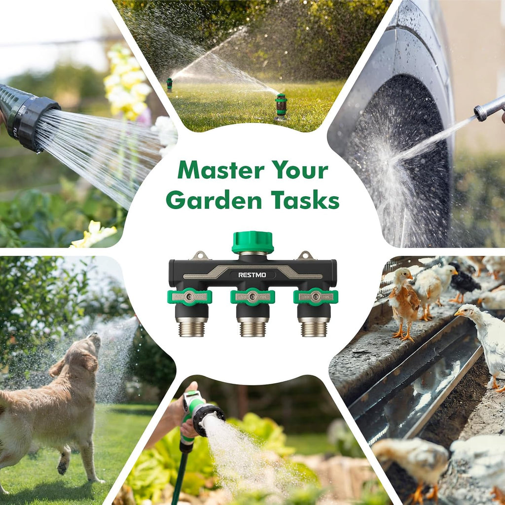 RESTMO Heavy Duty 3 Way Y Garden Hose Splitter Full Metal Body, Green | Full Flow Hose Splitter with Oversized Ball