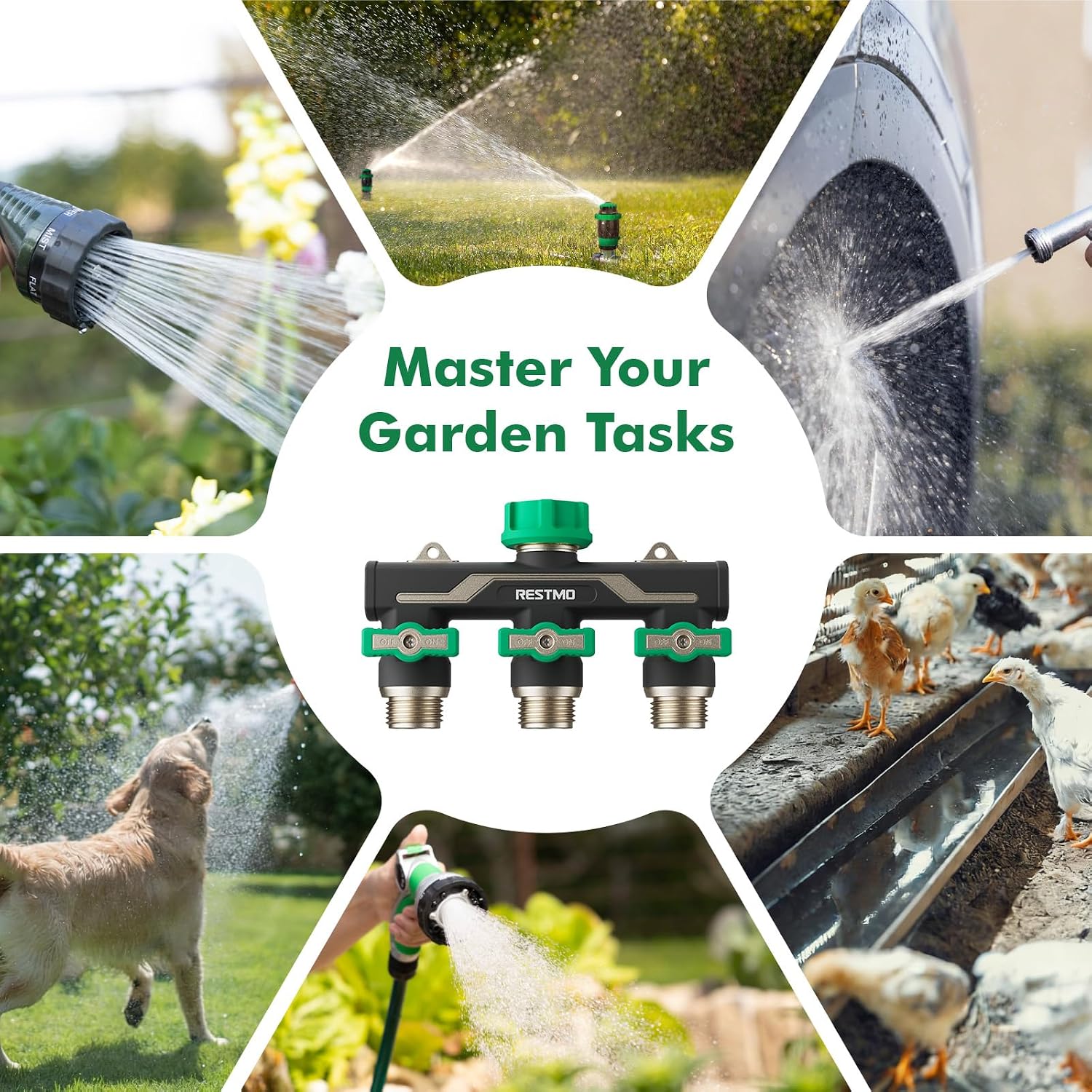 RESTMO Heavy Duty 3 Way Y Garden Hose Splitter Full Metal Body, Green | Full Flow Hose Splitter with Oversized Ball