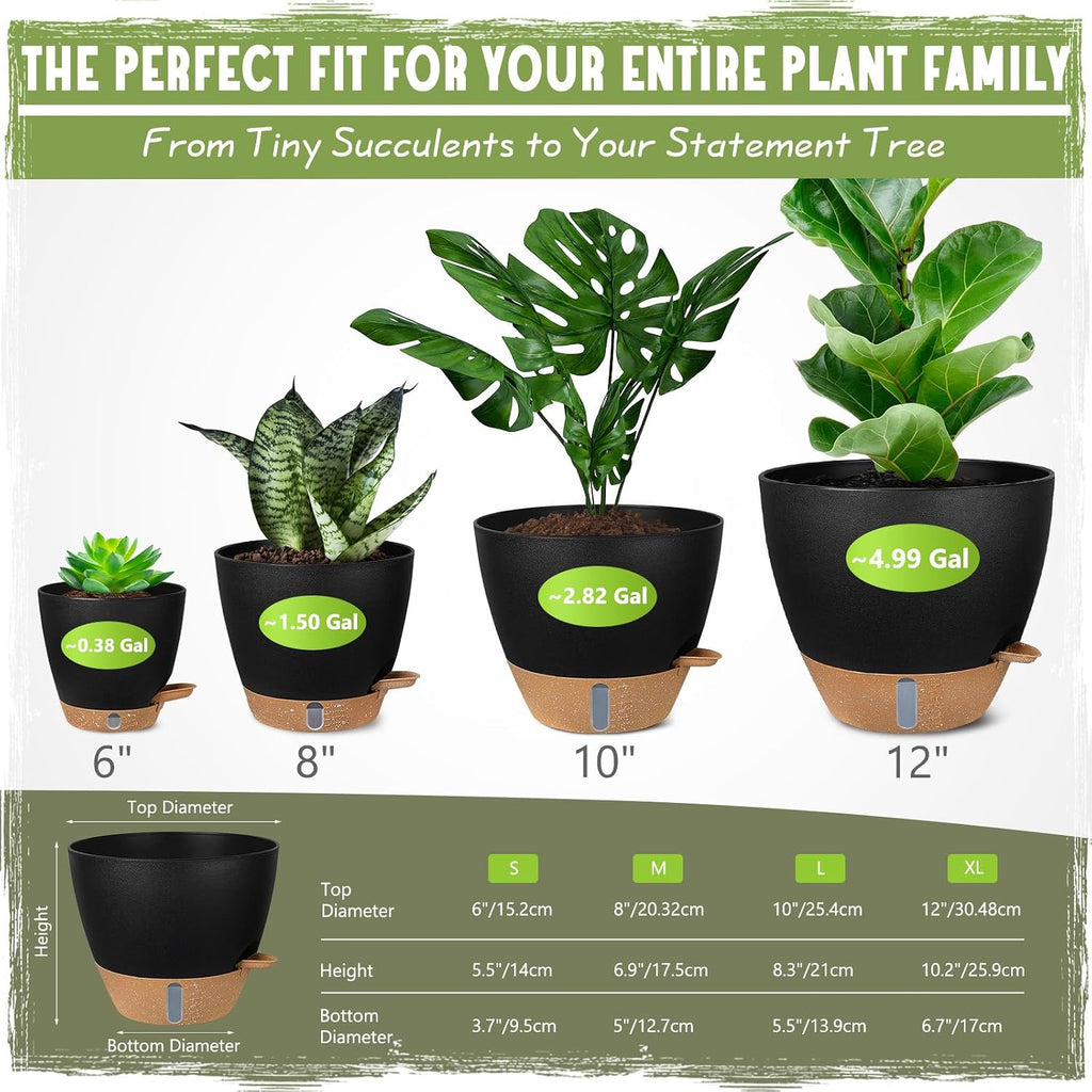 Self-Watering Pots for Indoor and Outdoor Plants 4 Pack, 6/8/10/12 Inch Planters with Water Level Indicator & Deep