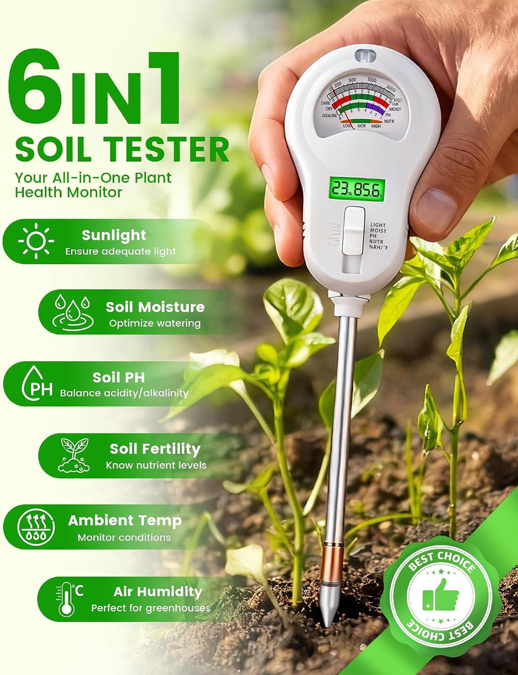 6-in-1 Soil Moisture Meter with 3 Probes, PH/Sunlight/Soil Moisture/Fertility with 3 Removable Probe, Digital Air