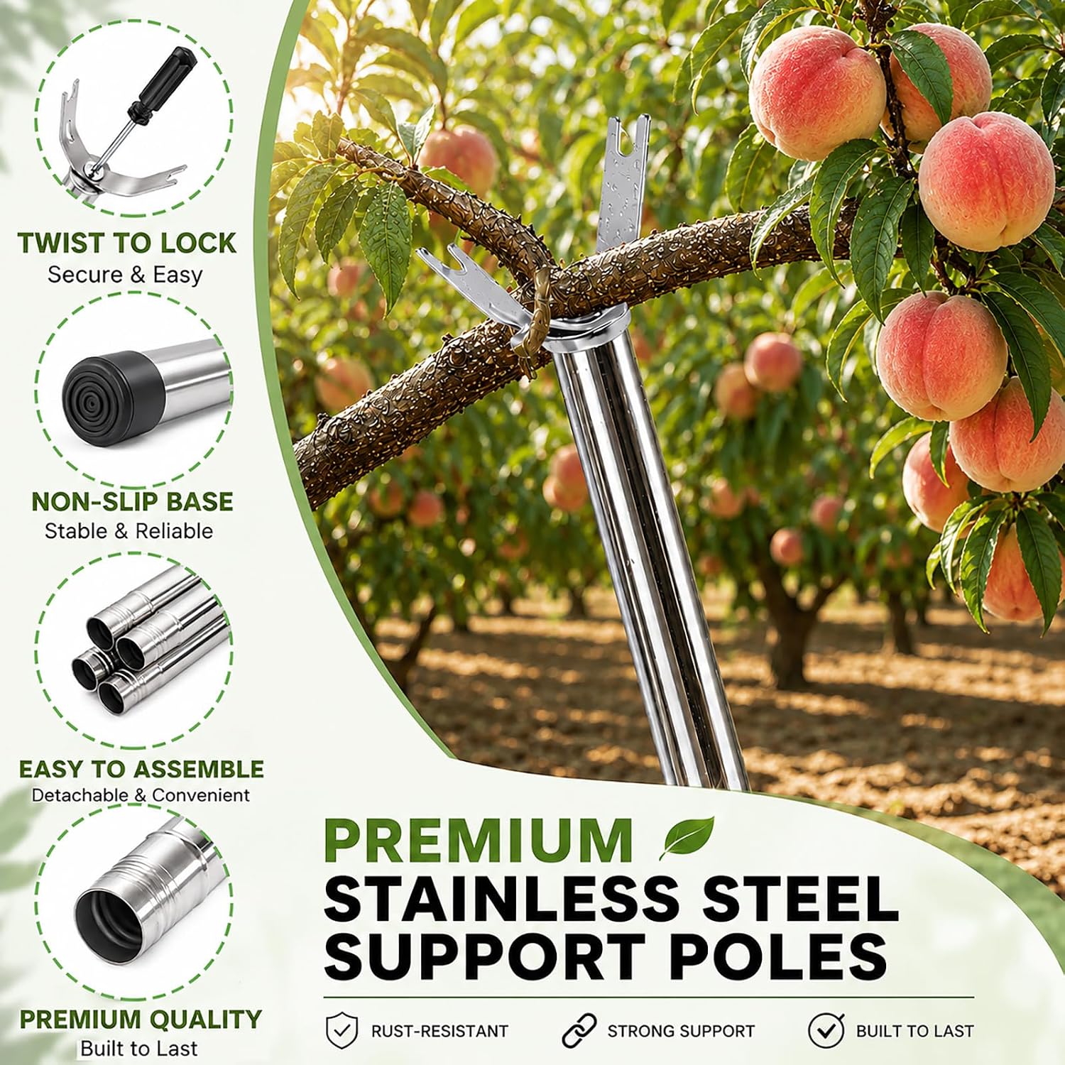 2 Pack Stainless Steel Tree Support Pole with U-Shaped Head, Adjustable 17.3"-78.3" Tree Branch Support, Tree Stakes