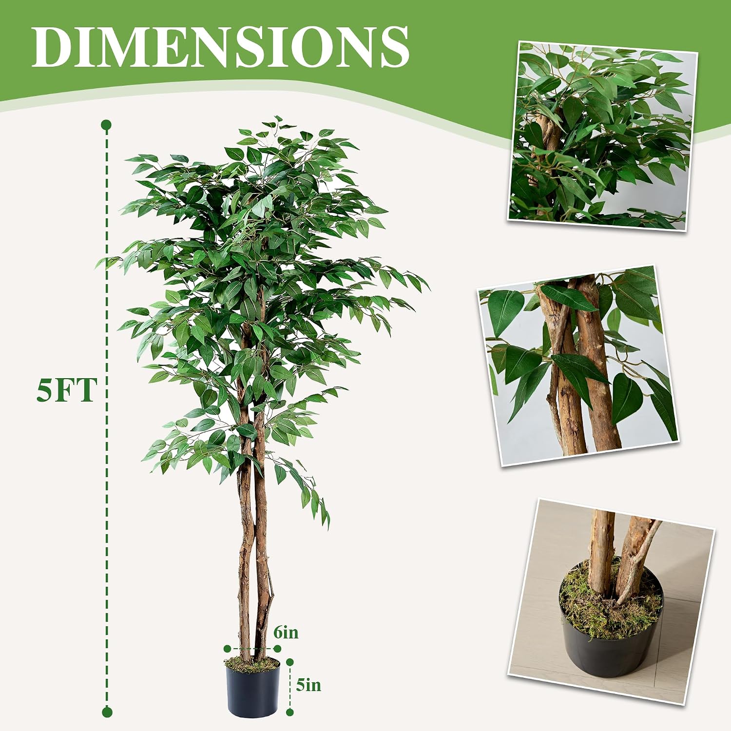 VECELO Artificial Ficus Tree with Sturdy Nursery Pot, 5FT Faux Silk Plant for Indoor Outdoor Home Garden Decor, 1 Pack