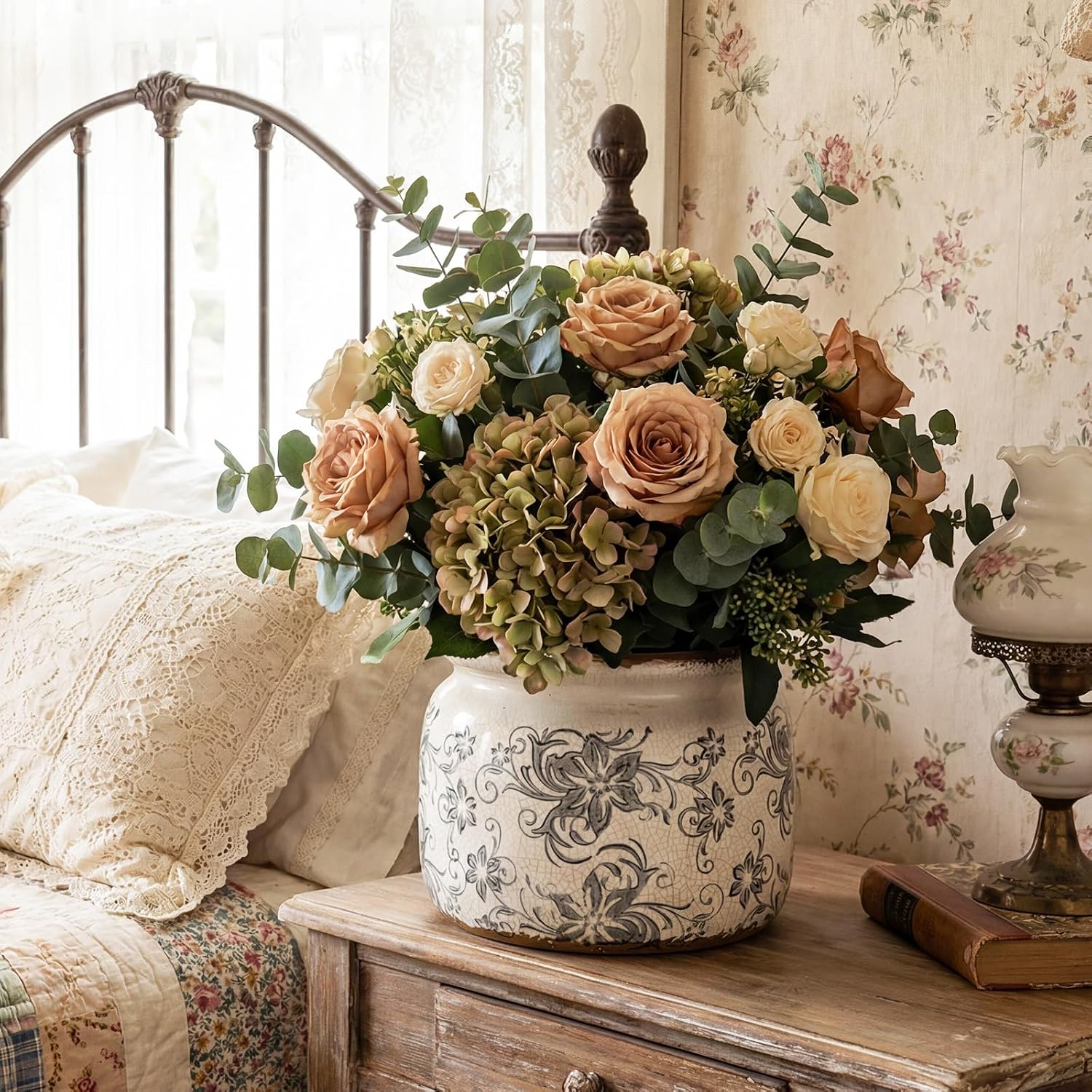 7.7" Large Vintage Ceramic Plant Pot with Baroque Floral Pattern Beige Gray Rustic Planter with Ice Crackle Glaze &