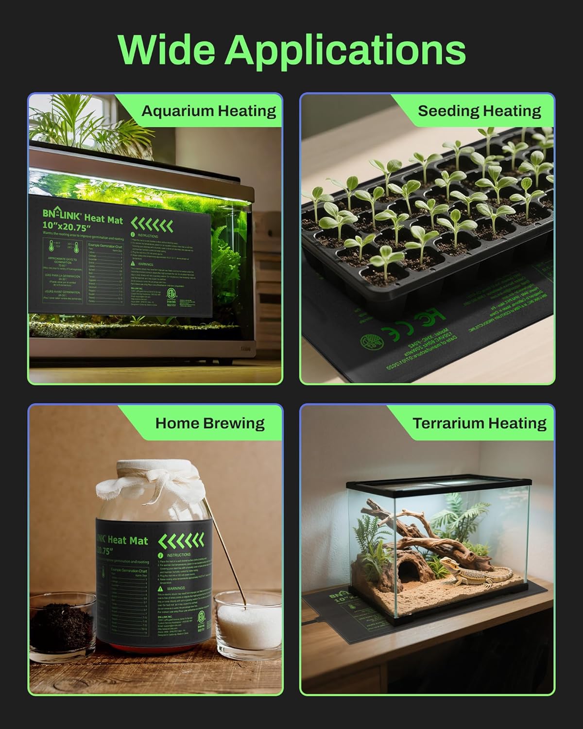 BN-LINK 10" x 20.75" Seedling Heat Mats for Seed Starting Plant Germination | 4 Pack Durable Waterproof Warming Mat