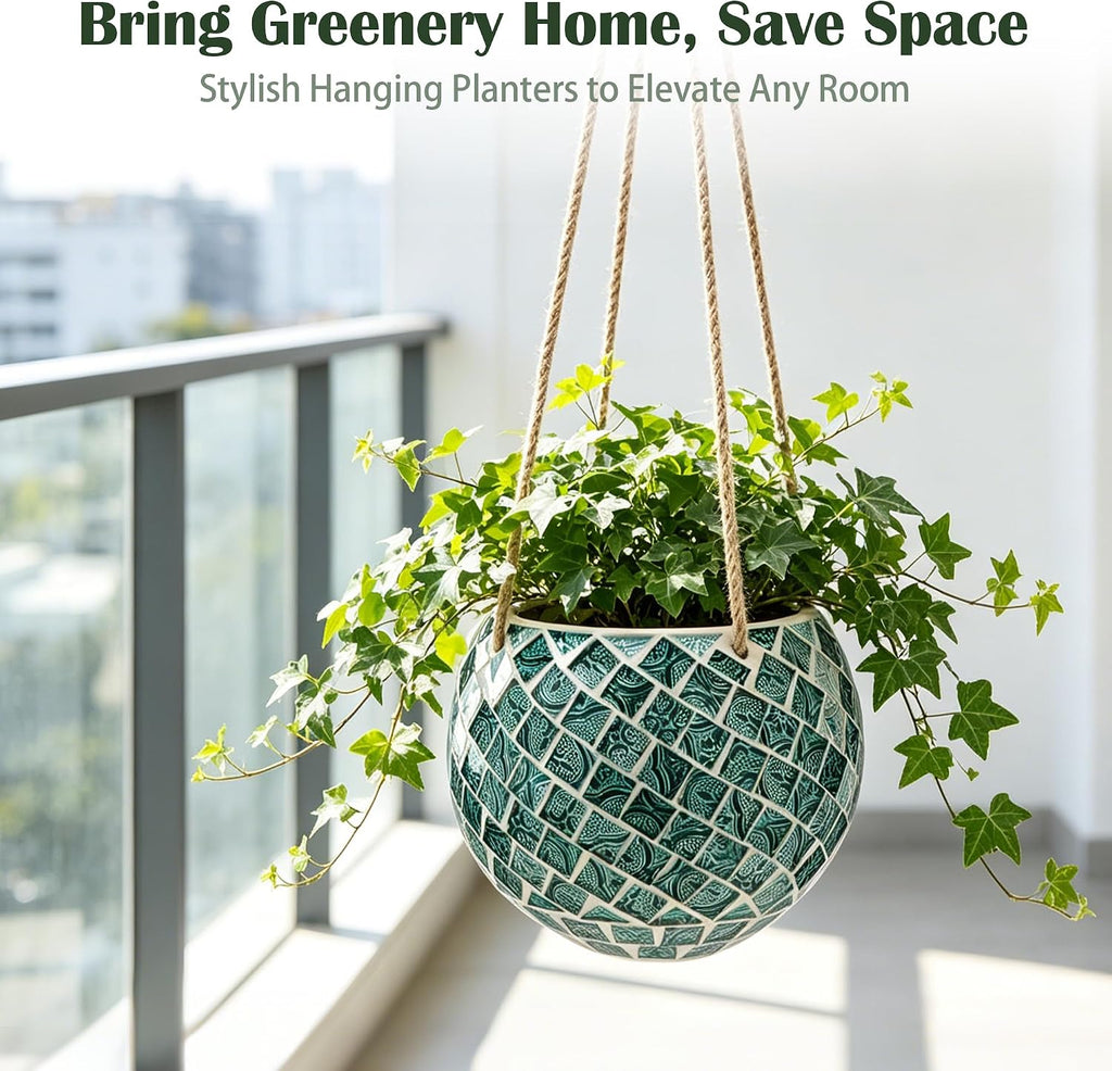 Ceramic Hanging Planter Mosaic Hanging Flower Pot | Small Plant Pot for Indoor Plant Disco Ball Planter with Drainage