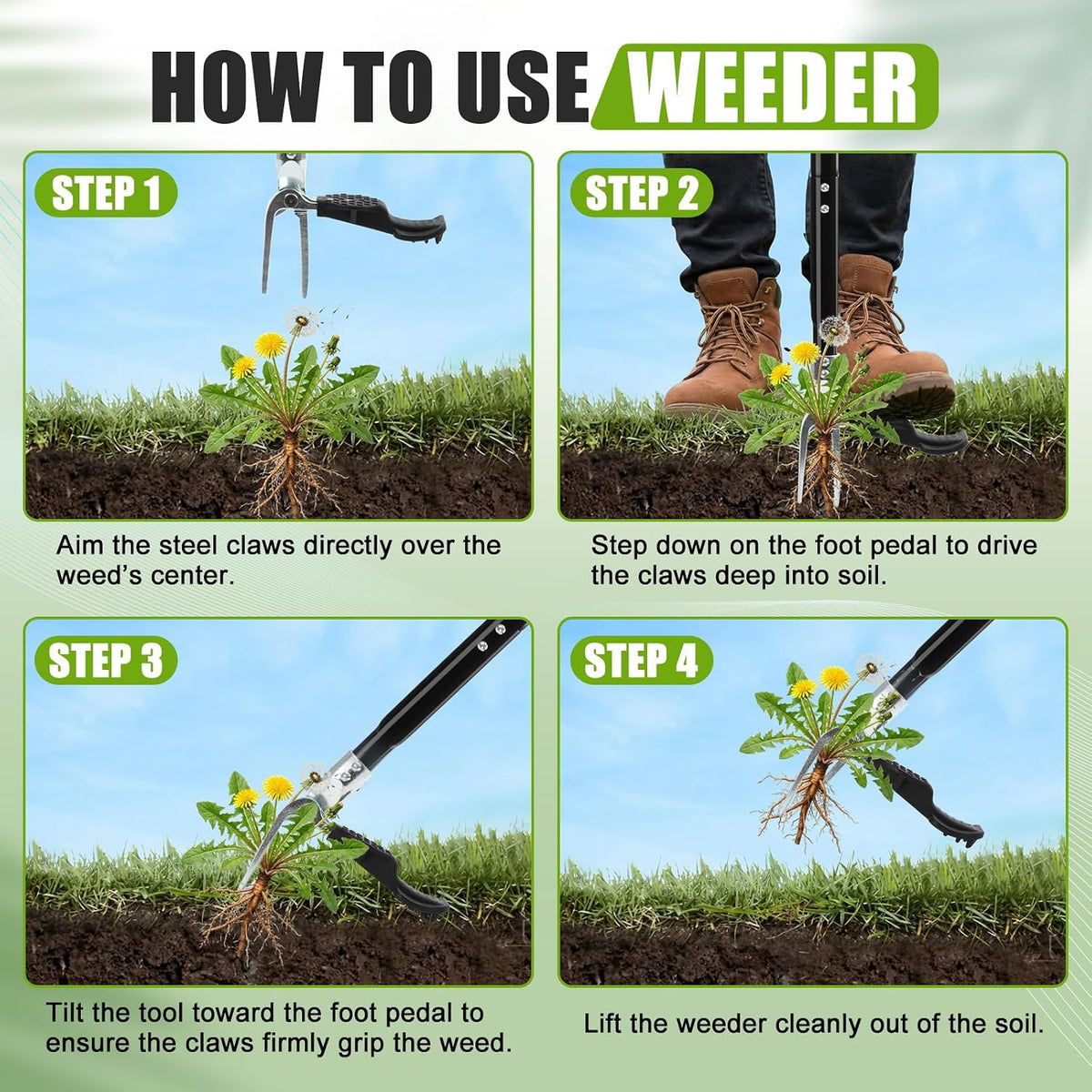 Stand Up Weed Puller Tool, 4-Claw Steel Head Heavy Duty Weeder, Adjustable Long Handle Garden Weeding Tool for