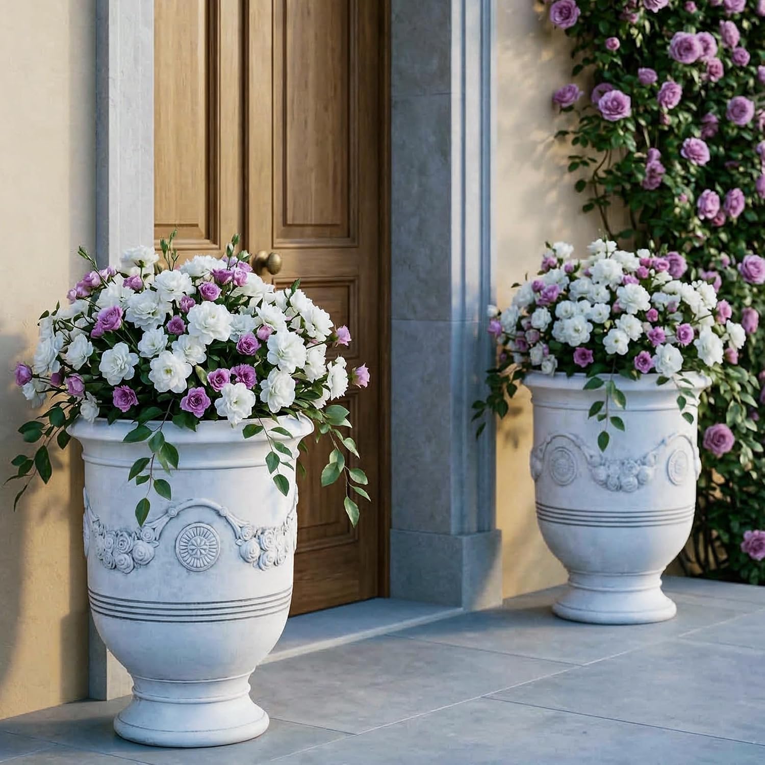 KOL Large Plastic Urn Planter - 16” Dia x 19” H Lightweight Classic Planter Pot with Cement Texture & Drainage Hole