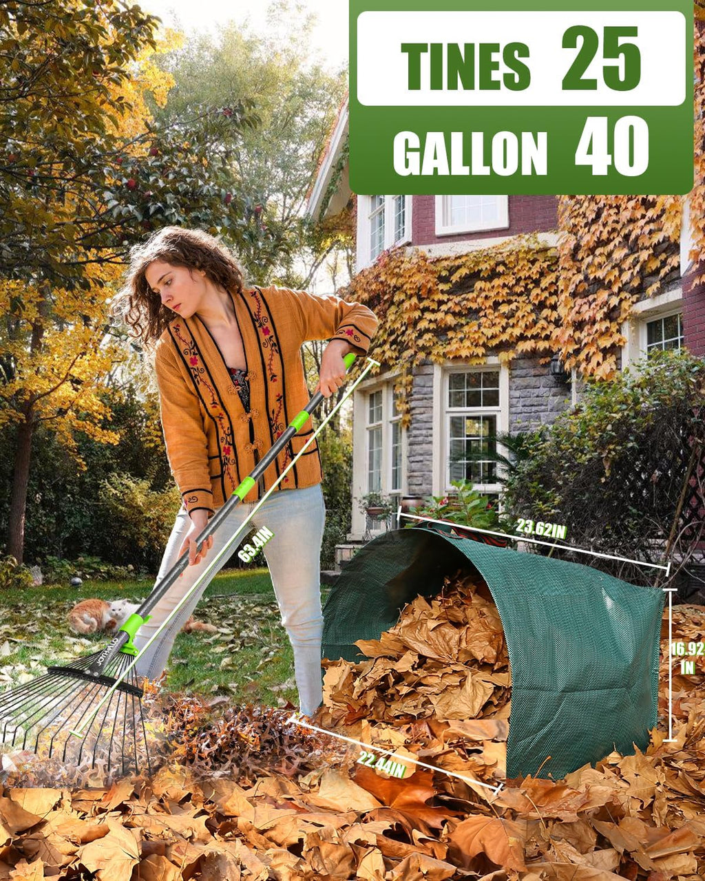 63.4 Inch Adjustable 18 Tines Metal Leaf Rake Set with 40 Gal Dustpan Bags | Adjustable garden rake, Leaf scoop set