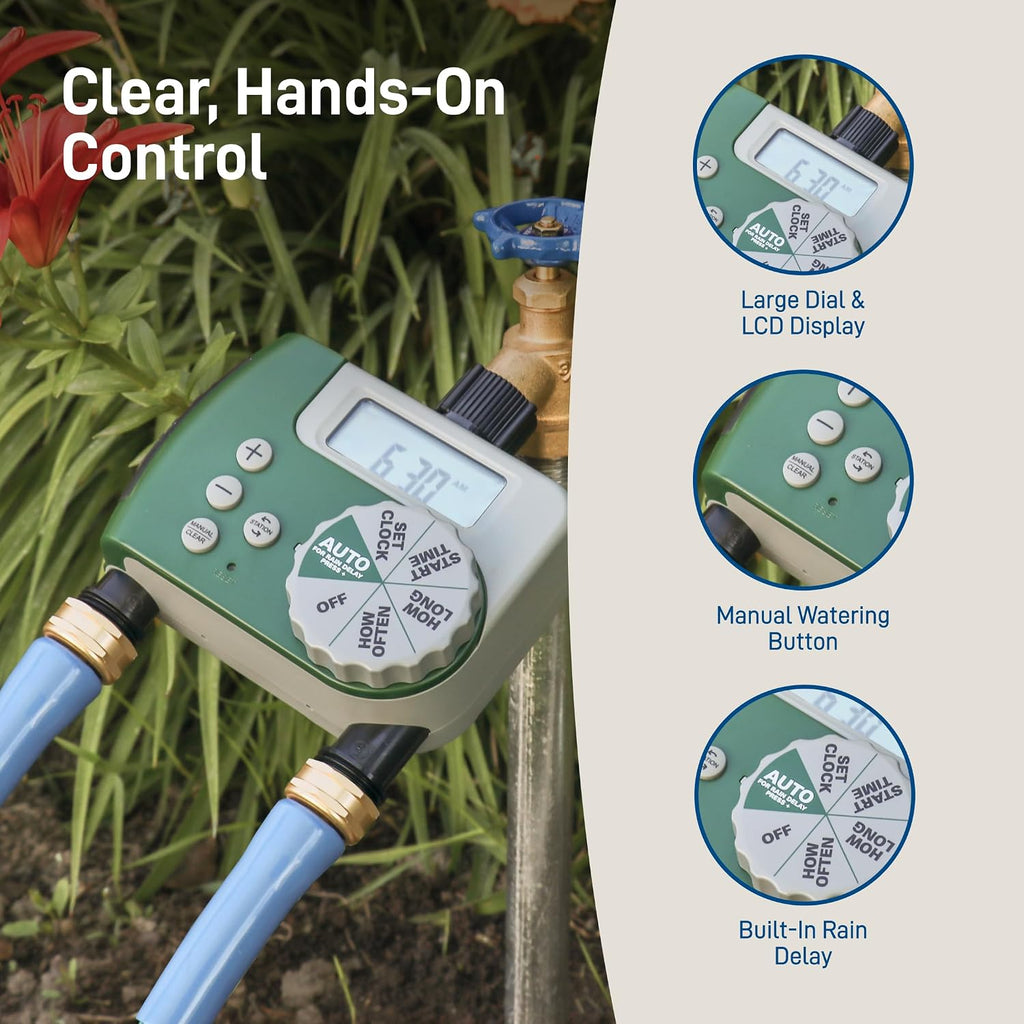 Orbit Programmable Digital Hose Watering Timer - 2 Outlet - Battery Powered - with LCD Screen - Built-in Rain Delay