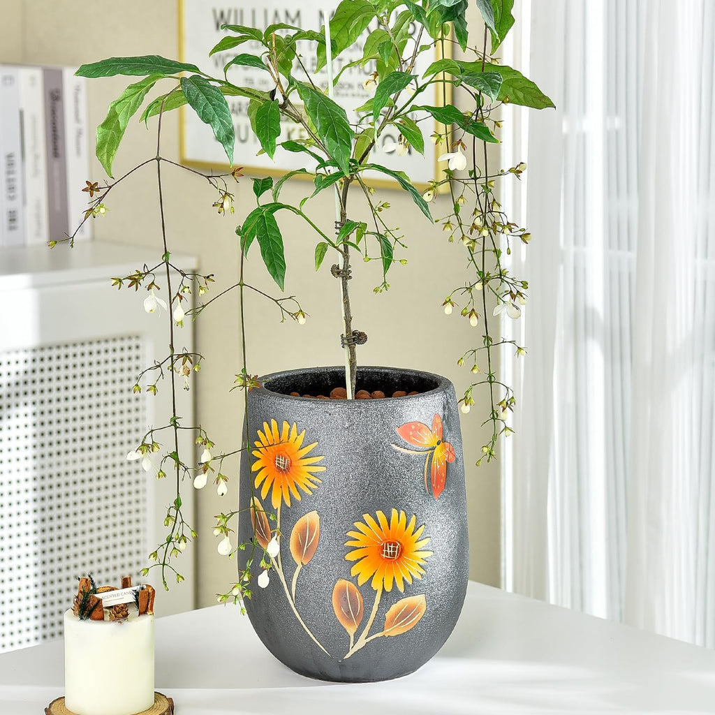 Sungmor 10.6 Inch Hand Painted Ceramic Succulent Plant Pot - Dark Grey | Textured Decorative Pottery Planter with