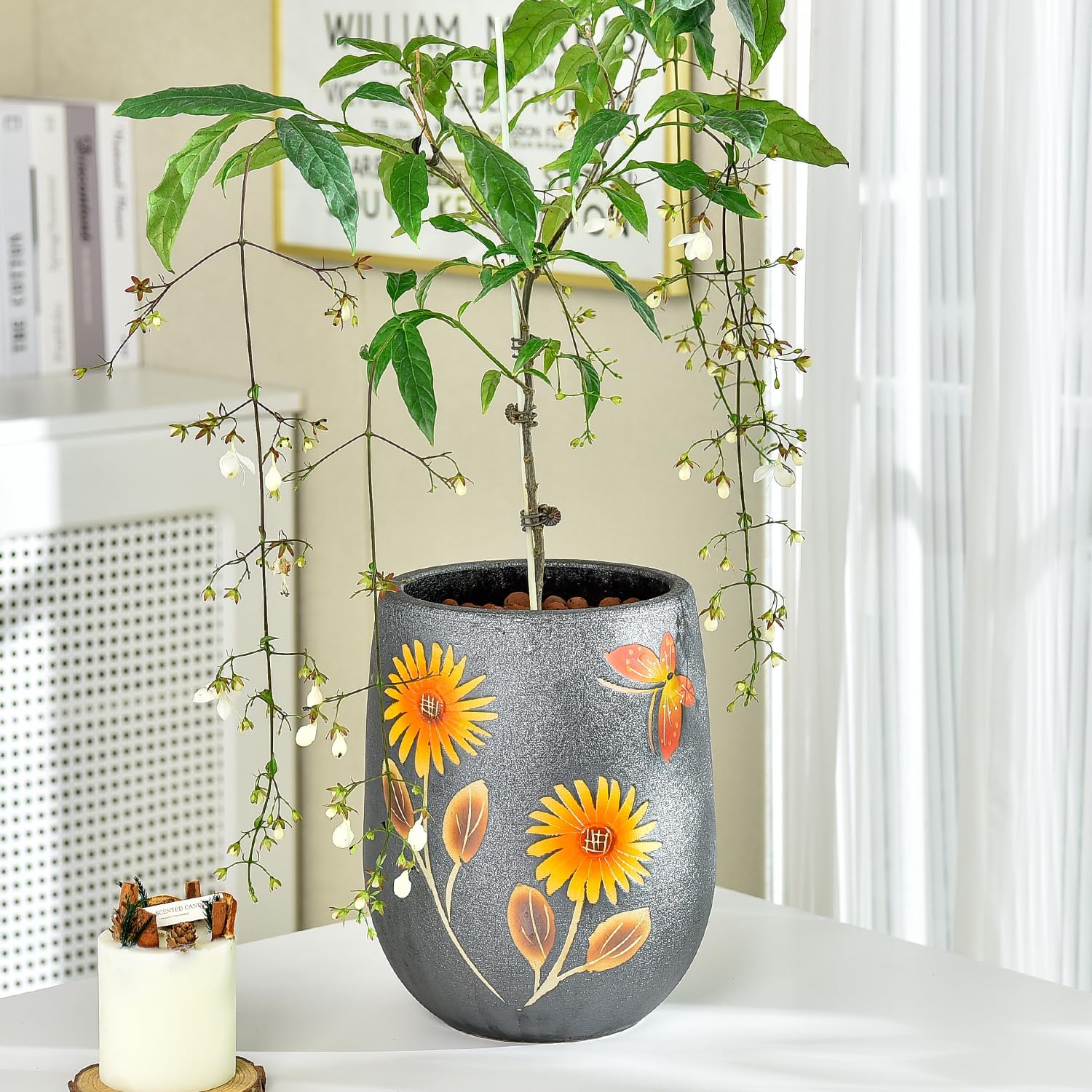 Sungmor 10.6 Inch Hand Painted Ceramic Succulent Plant Pot - Dark Grey | Textured Decorative Pottery Planter with