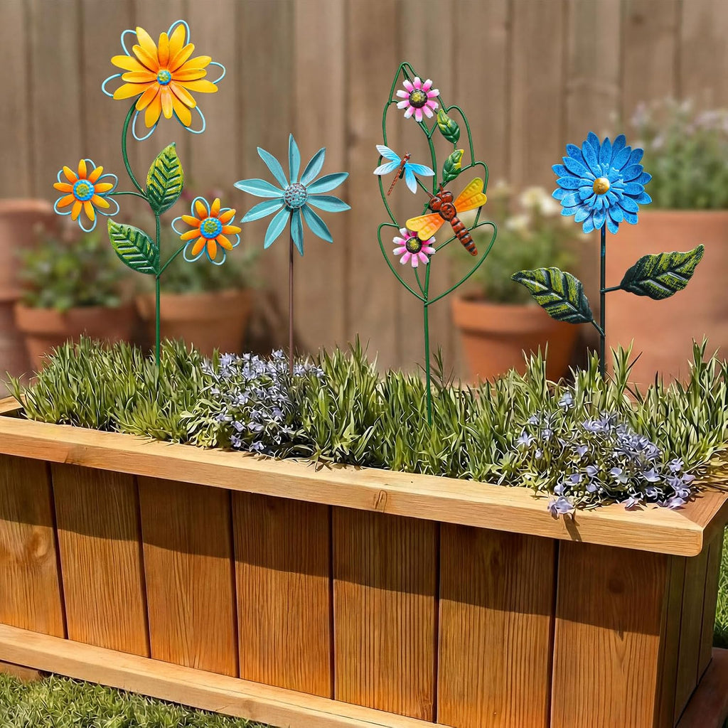 8 Pcs Metal Flower Yard Art for Outside Outdoor 14" 5d Summer Wildflowers Metal Sign Waterproof Garden Stakes Bird