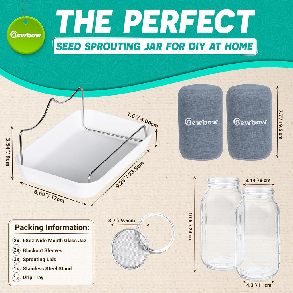 2000ml(68oz) LARGE SIZE Seed Sprouting Mason Jar Kit with Stand, Drain Tray | Screen Lids Seed Sprouting Kit, Blackout