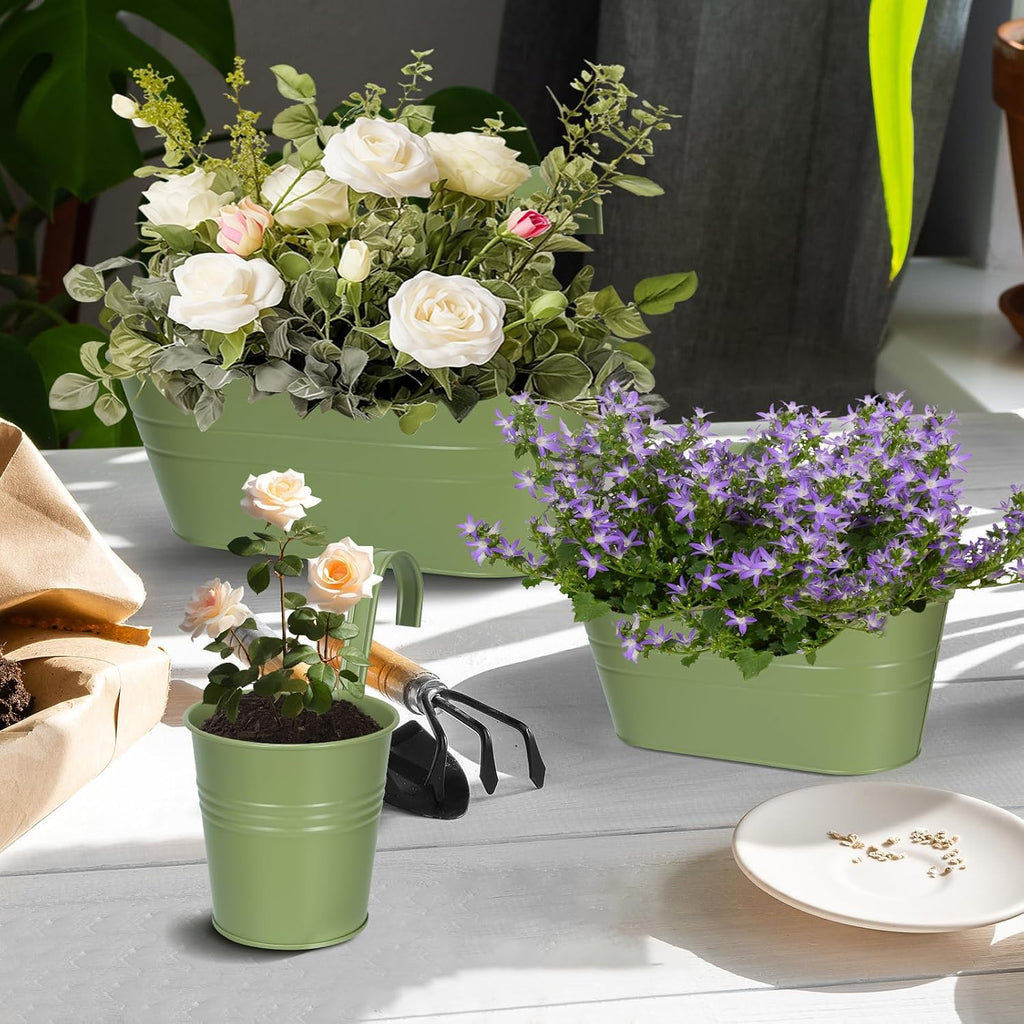 3 Different Size Metal Iron Hanging Flower Pots 10 Pcs for Outdoor Plants Metal Hanging Bucket Pots Iron Railing Fence