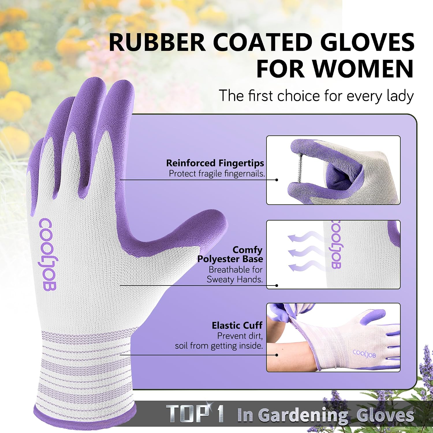 COOLJOB 10 Pairs Gardening Gloves for Women, Breathable Rubber Coated, M | Purple & Green, Textured Latex Palm