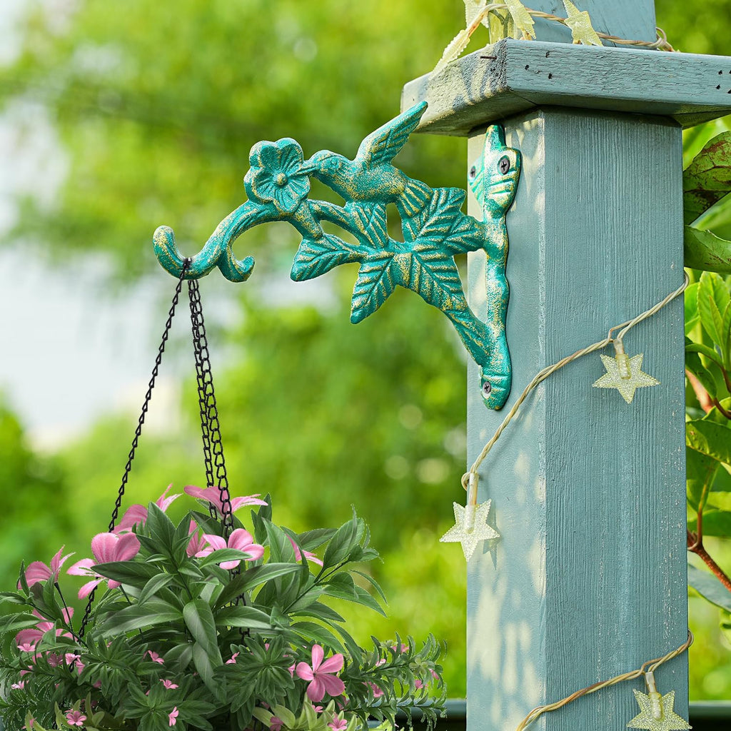 Sungmor Cast Iron Hanging Plant Brackets, 7.2 Inches Long 2 Pack Green | Wall Mounted Flower Pot Hooks, Outdoor Bird