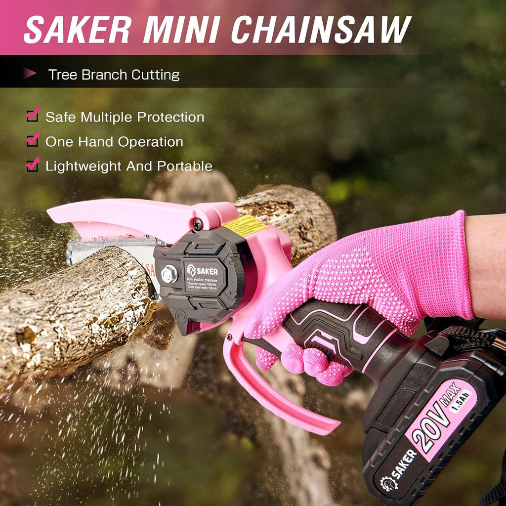 Saker Mini Chainsaw Cordless Pink,2PCS Batteries and 3 PCS Chains | Portable Electric Mini Chainsaw Cordless,Handheld