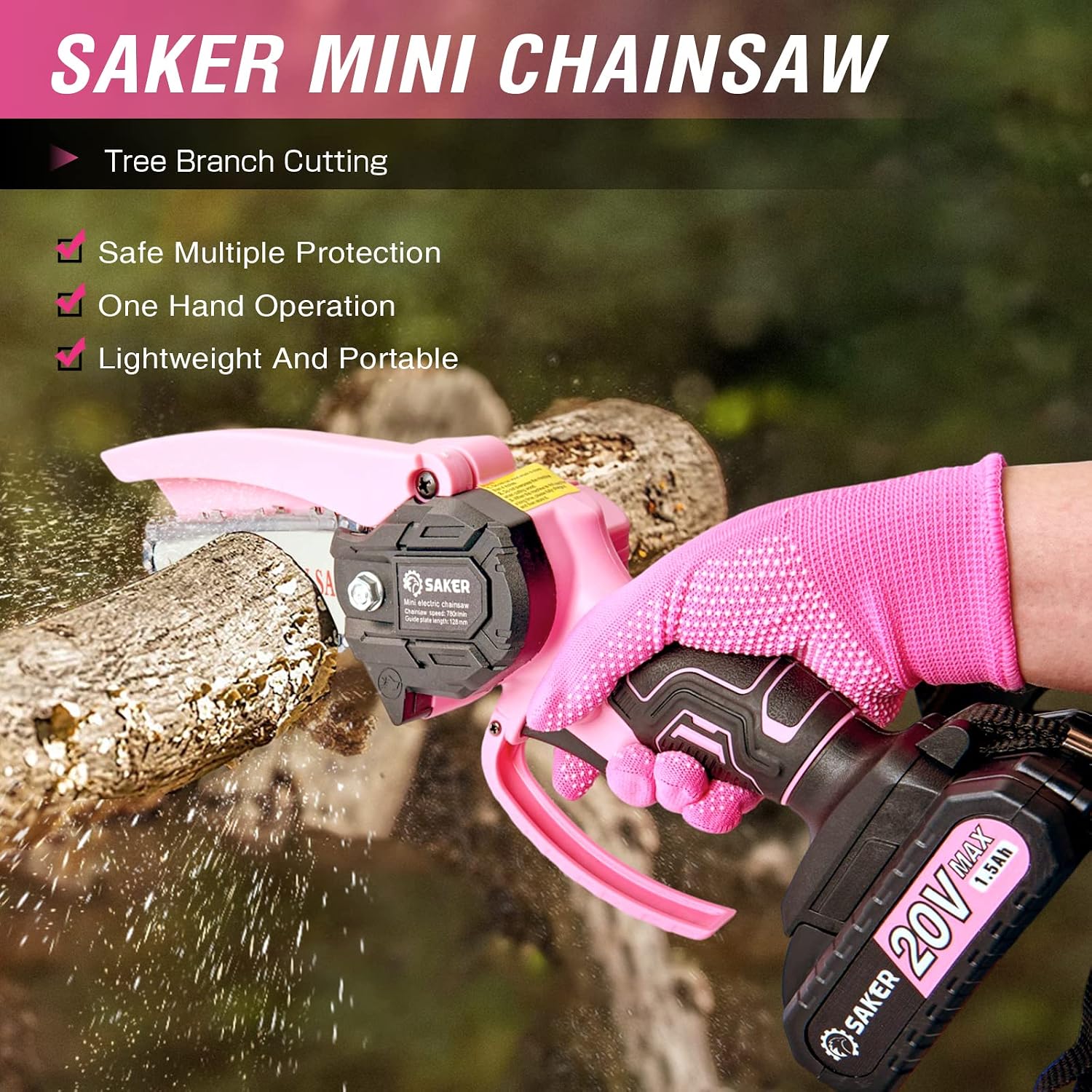 Saker Mini Chainsaw Cordless Pink,2PCS Batteries and 3 PCS Chains | Portable Electric Mini Chainsaw Cordless,Handheld