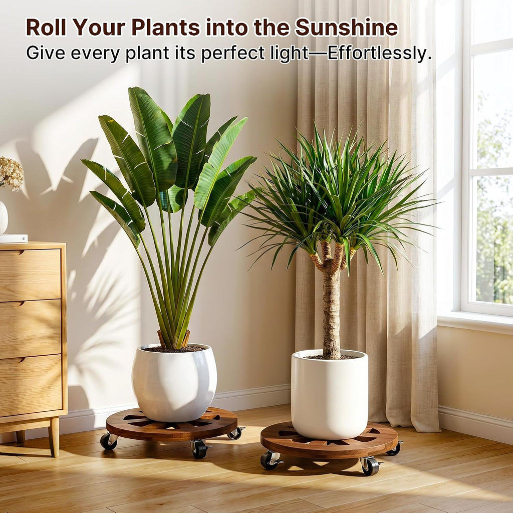 JVD 2 Pack Plant Caddy with Wheels 12'' Wood Rolling Plant Stand Outdoor Brown | Plant Stand 360° Lockable Wheels Heavy