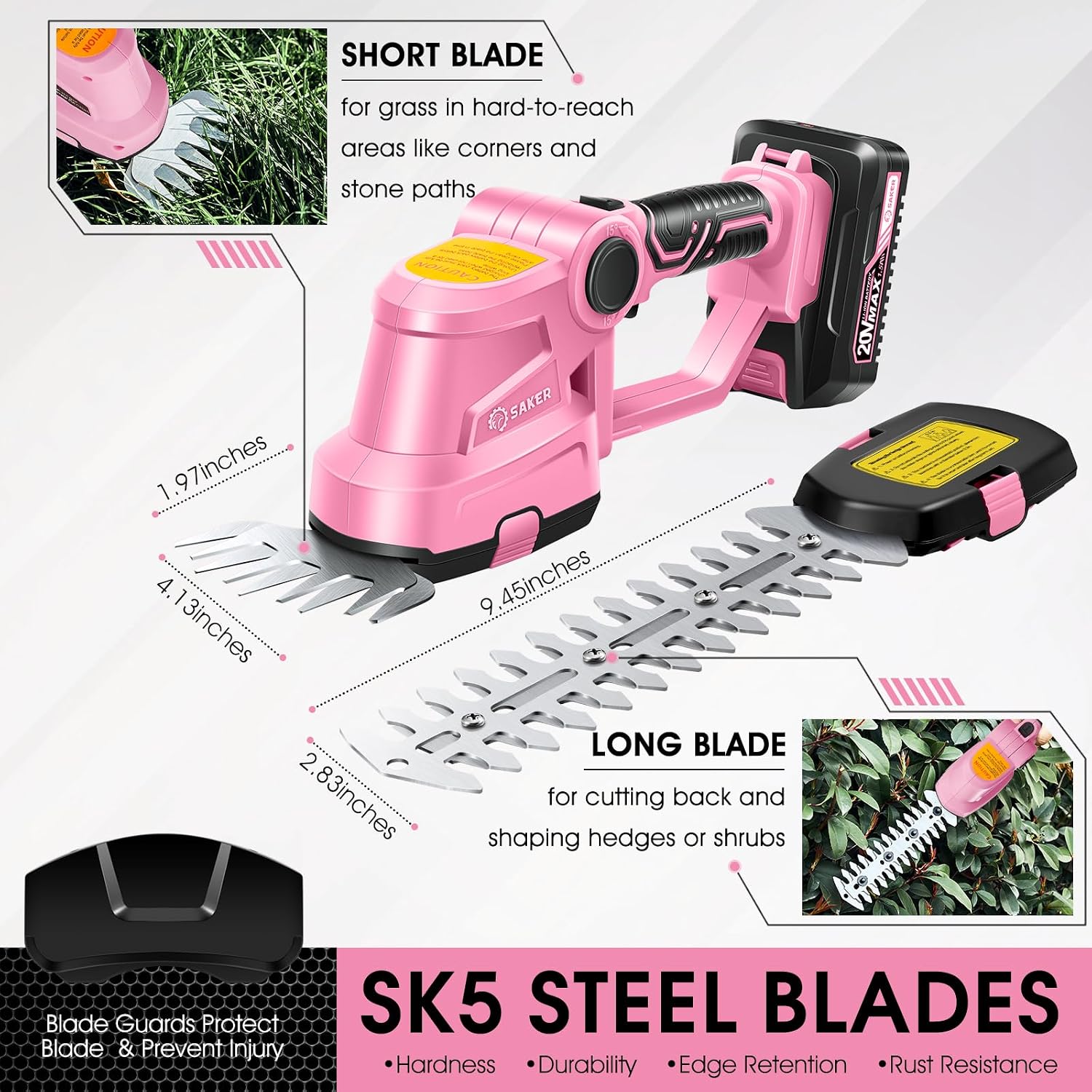 Saker Cordless Hedge Trimmer-20V Electric Shrub Trimmer Grass Shears Handheld Grass Cutter, Hedge Shear with 1 PCS