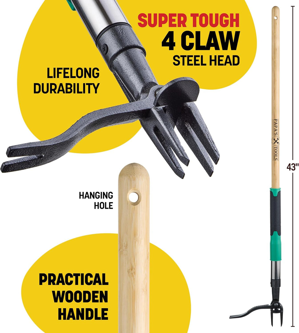 Papa's Tools Weed Puller Tool, 44" Stand Up Weeder Garden Tools & 4 Claw Steel Head, Dual Weed Eject Tech. Made with