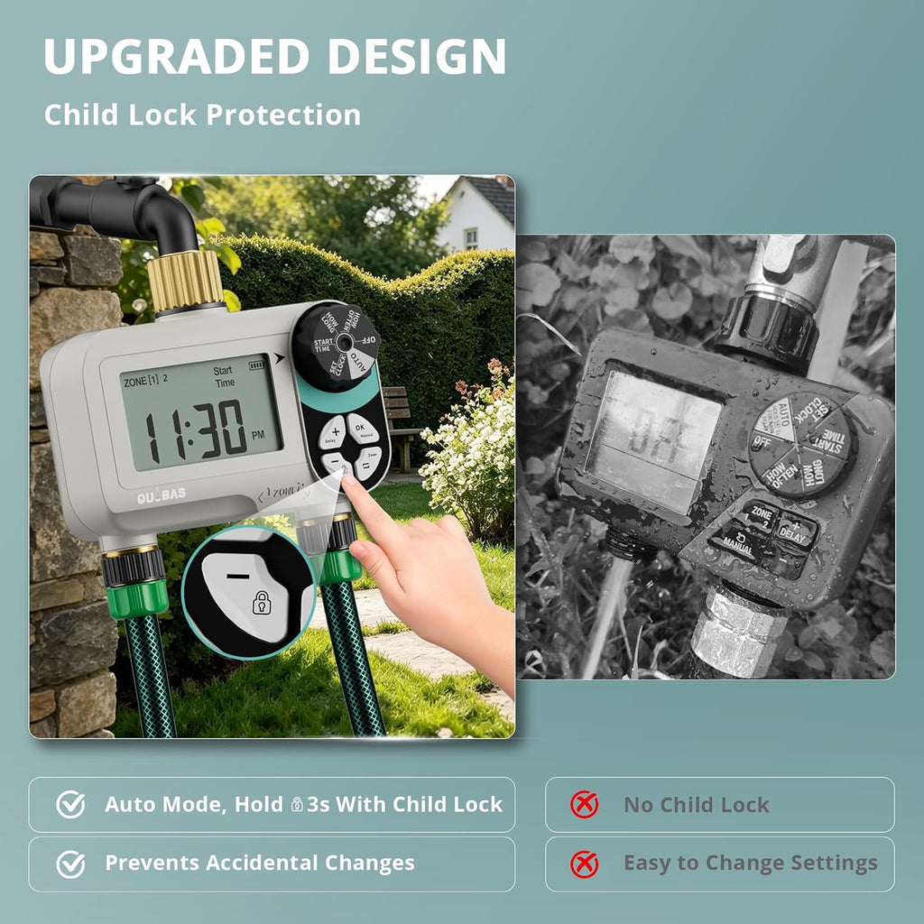 QUOBAS Zero Pressure Water Timer, Brass Sprinkler Timer for Garden Hose | Programmable Hose Timer with Child Lock