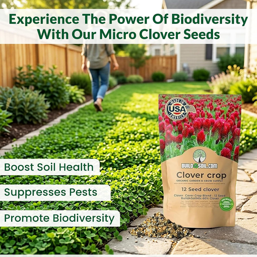 BuildASoil No-Till 60% Clover Seed Mix – 12 Species Cover Crop Seed Blend | No Mow Ground Cover Seeds for Lawn, Garden