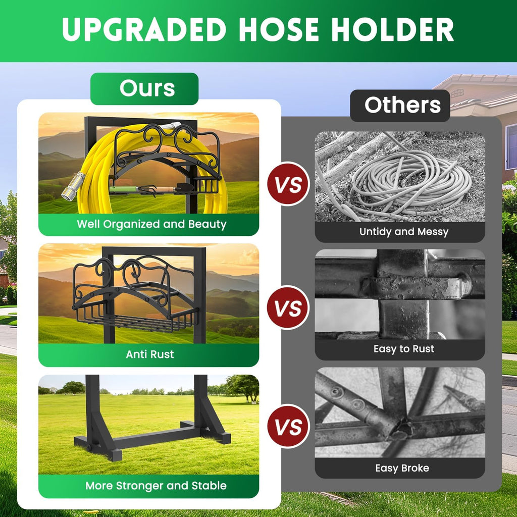 Garden Hose Holder, Heavy Duty Metal Water Hose Holder with 4 Spikes Outdoor Freestanding Hose Hanger Detachable Sturdy
