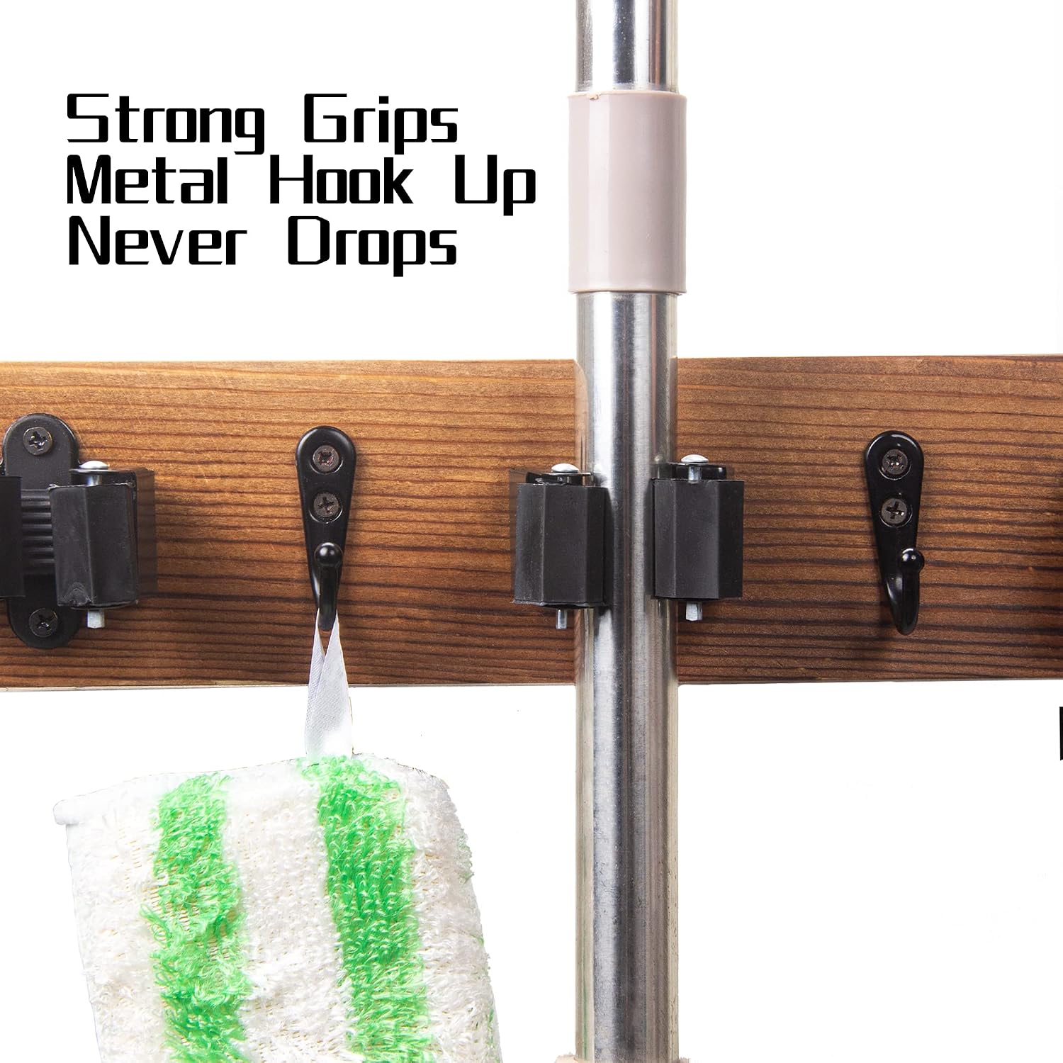 2 Pack Mop and Broom Holder Wall Mount Solid Wood Broom Rack Wall Mount 4 Positions 3 Hooks for Home, Kitchen, Garden