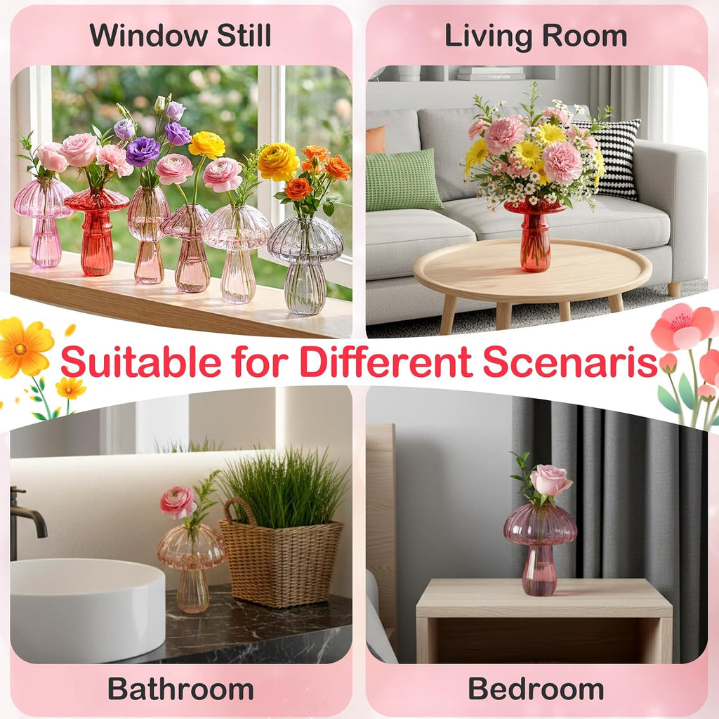 7 Pcs Glass Mushroom Vase Propagation Station with Hydroponic Plant and Artificial Fake Moss 6 Colored Plant Vase Table