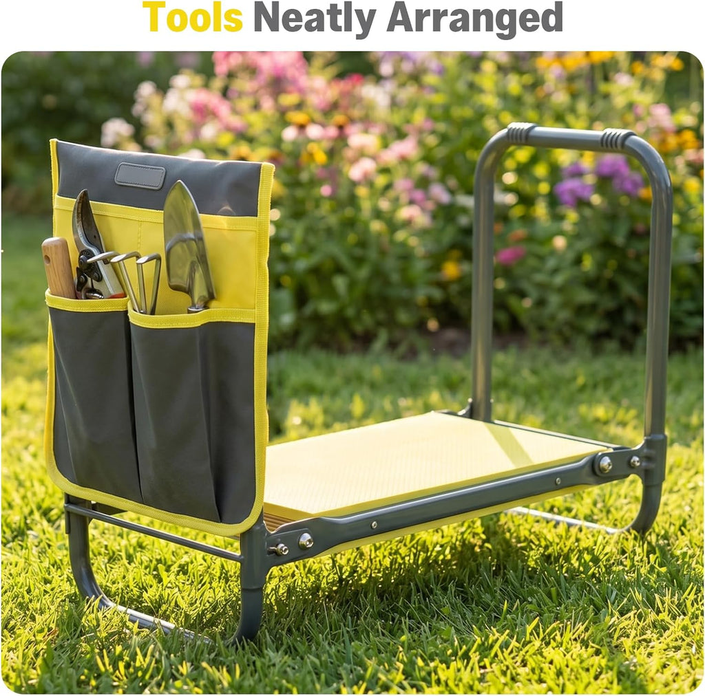 Garden Kneeler and Seat Heavy Duty, Foldable Gardening Stool Bench | With Widened Thick Soft Kneeling Pad and Tool