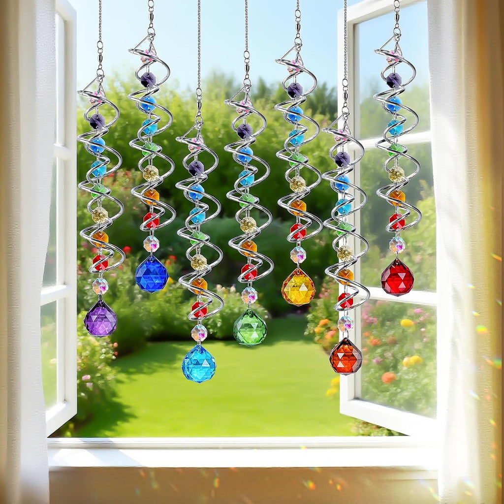 7 Pcs Crystal Gazing Ball Spiral Wind Spinner Suncatcher Garden Decor | Crystal Suncatcher Wind Spinner with Spiral