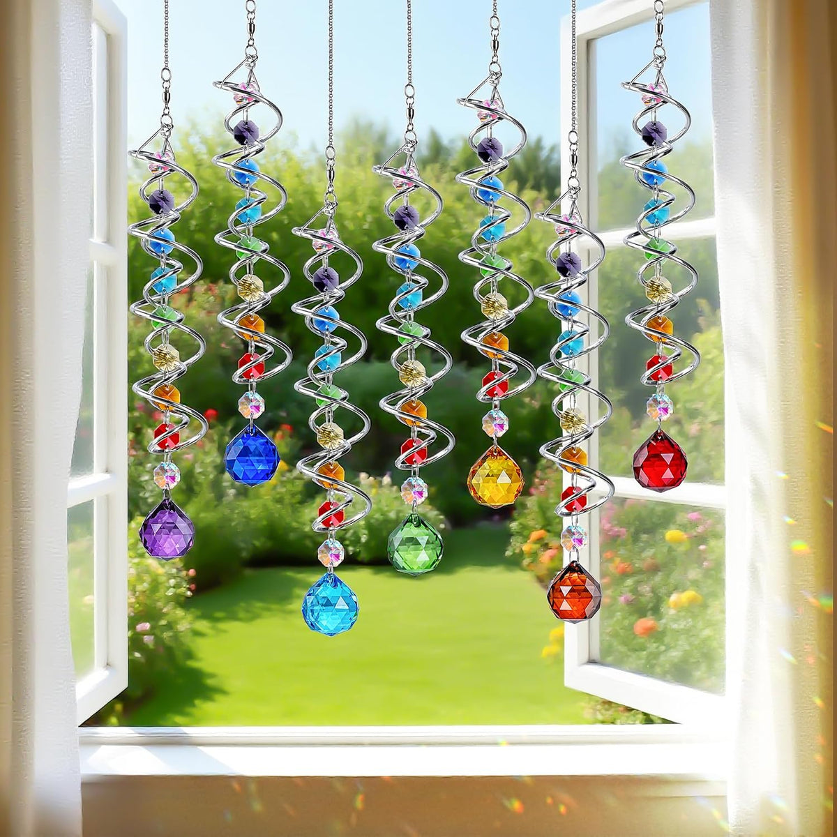 7 Pcs Crystal Gazing Ball Spiral Wind Spinner Suncatcher Garden Decor | Crystal Suncatcher Wind Spinner with Spiral