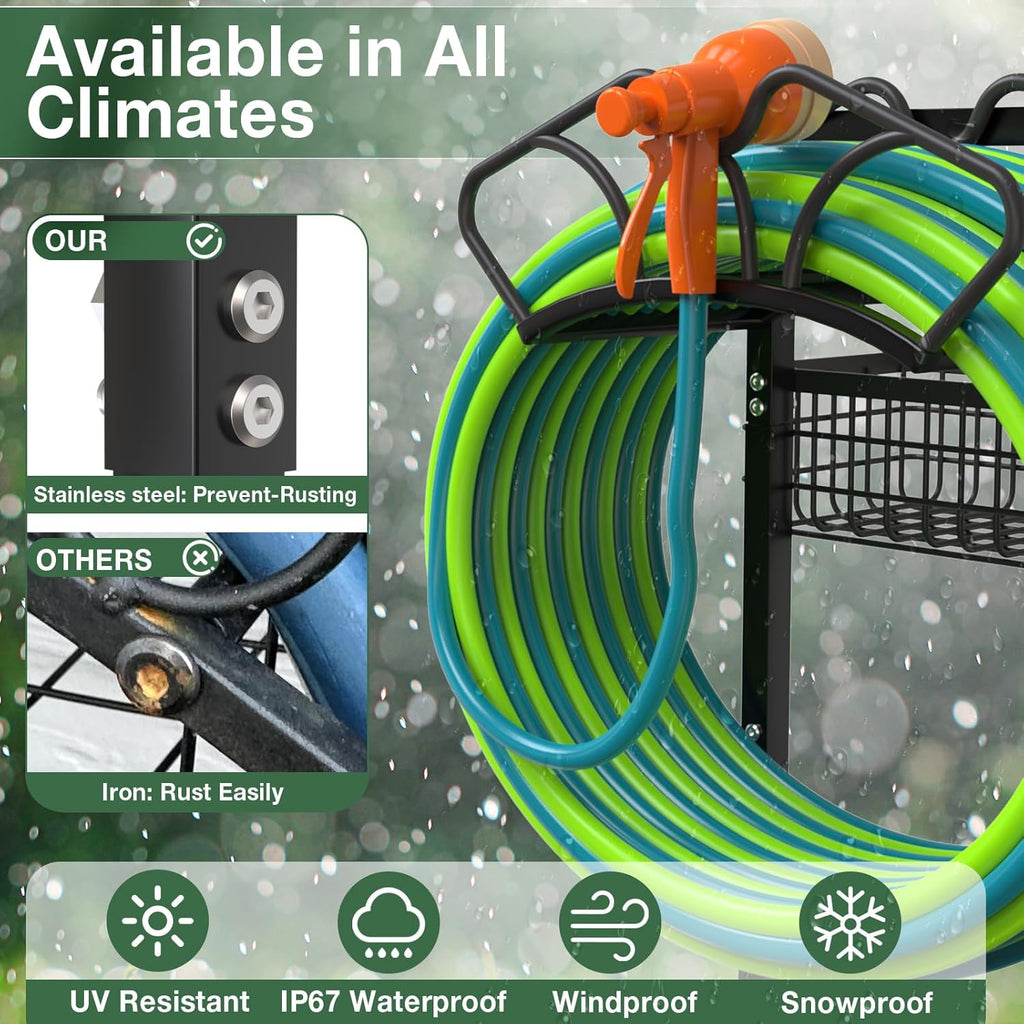 Qatsrin Garden Hose Holder with Large Basket, Heavy Duty Hose Reel, Black | Upgraded Water Hose Storage Stand Holds