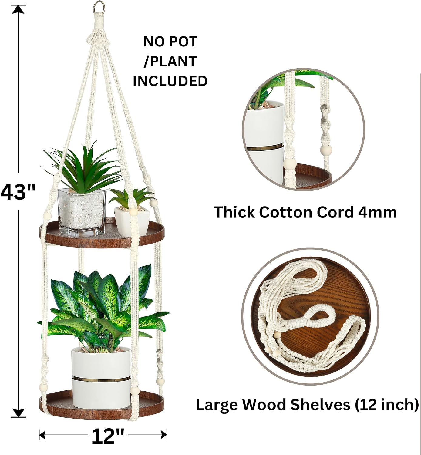 2 Tier Macrame Plant Hanger, Hanging Plant Shelf (12") | Plant Hanger Indoor, Hanging Planter, Hanging Planter Shelf