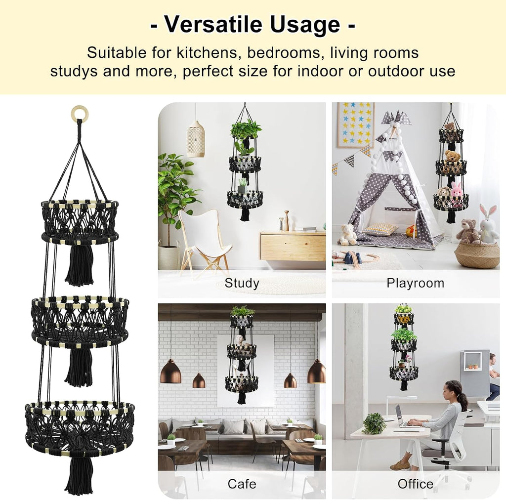 3-tier Hanging Fruit Baskets for Kitchen, Woven Cotton Rope Fruit Hammock, Macrame Hanger Holder for Fruit Vegetable