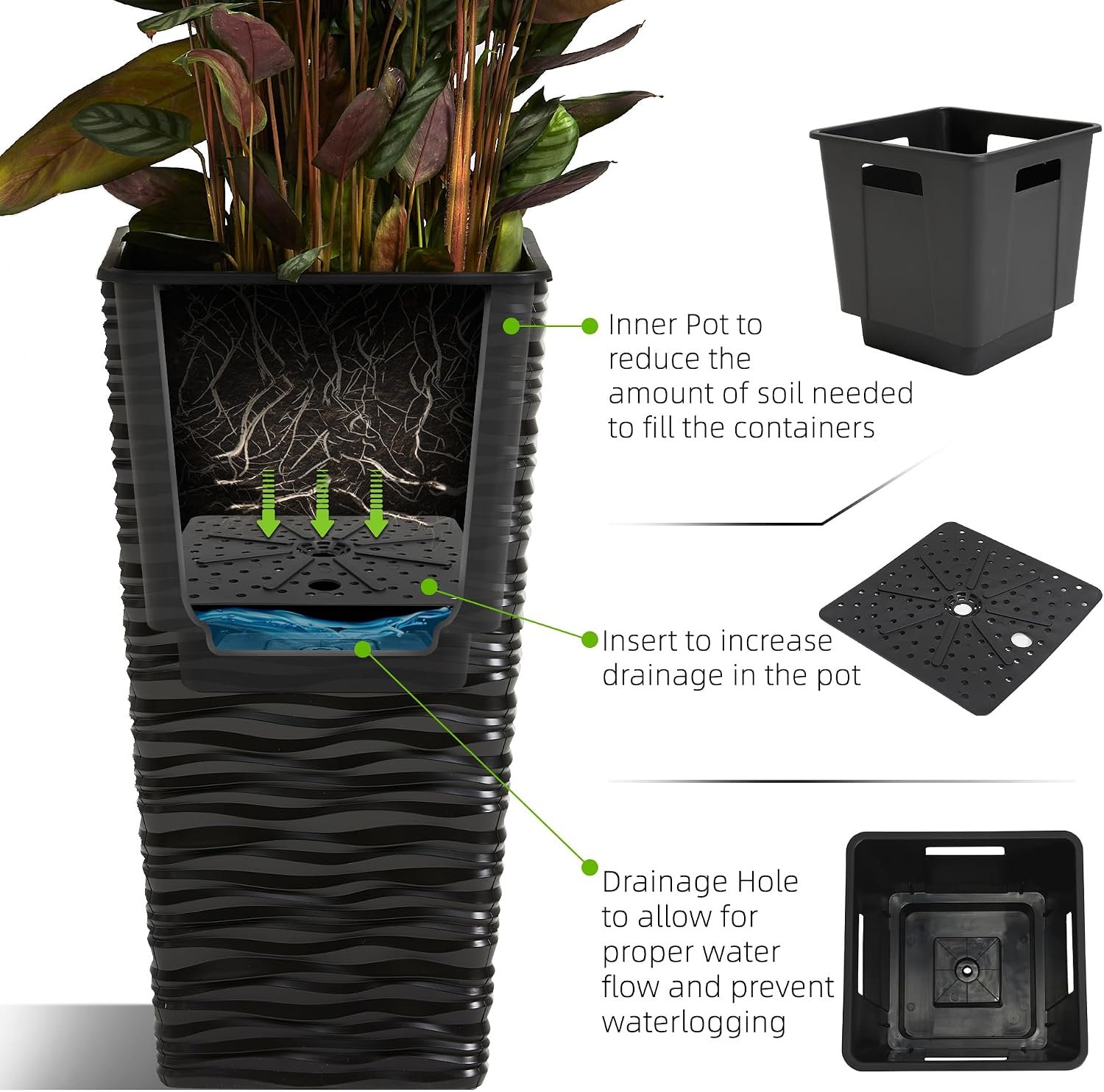 Worth 2 Pack 22" Tall Plastic Square Tapered Planter with Inside Pots for Indoor or Outdoor Use, Modern Wavy Finish for