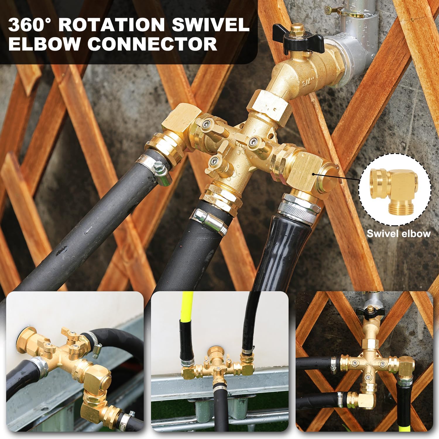 Garden Hose Splitter High Flow Splitter with Swivel elbow Connect Brass Hose Splitter with Shut Off Valves 3 way Hose