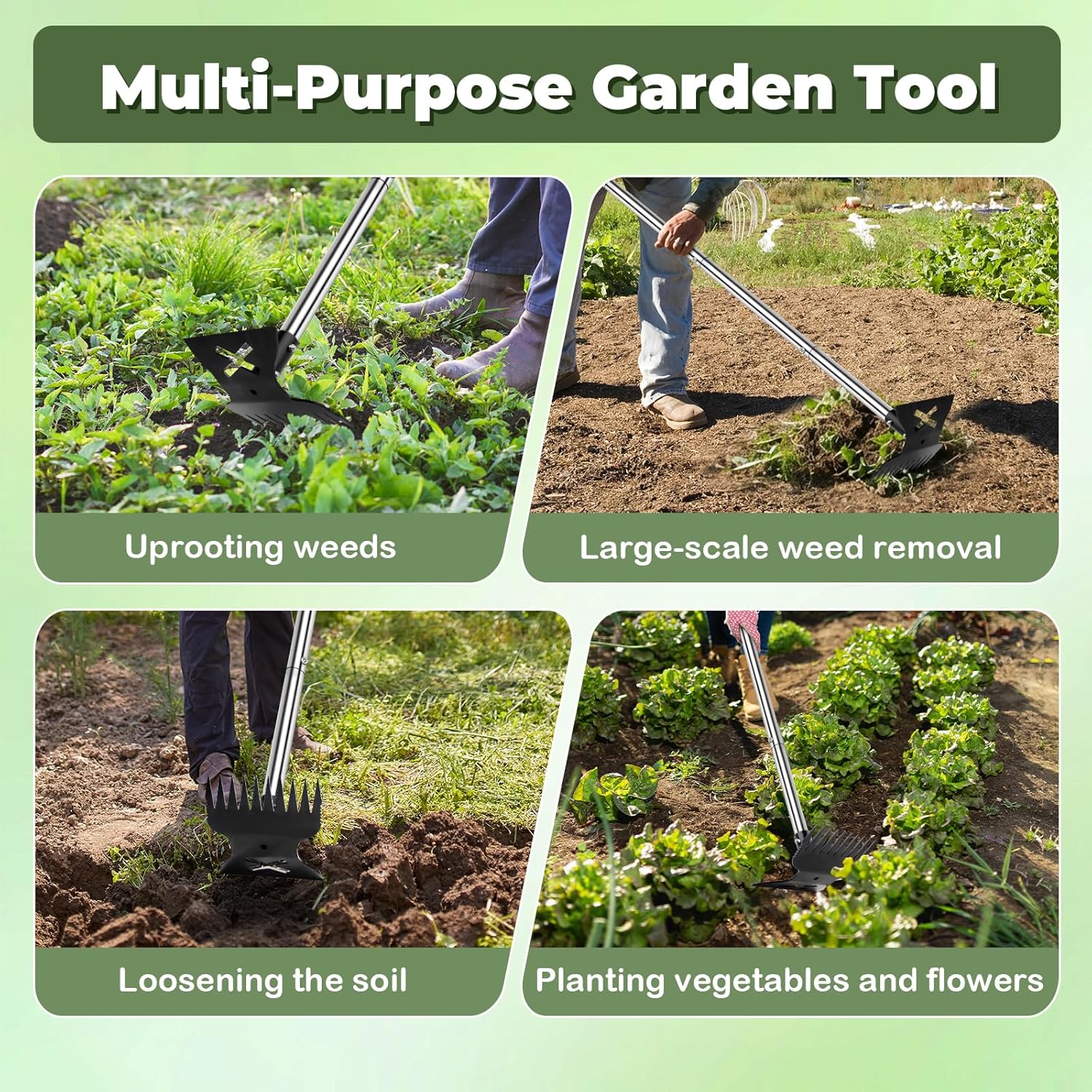 NICOFPHY Larger Weed Puller Tool with Long Handle for Garden, Yard and Lawn | 2 in 1 Gardening Weeding Rake and Garden