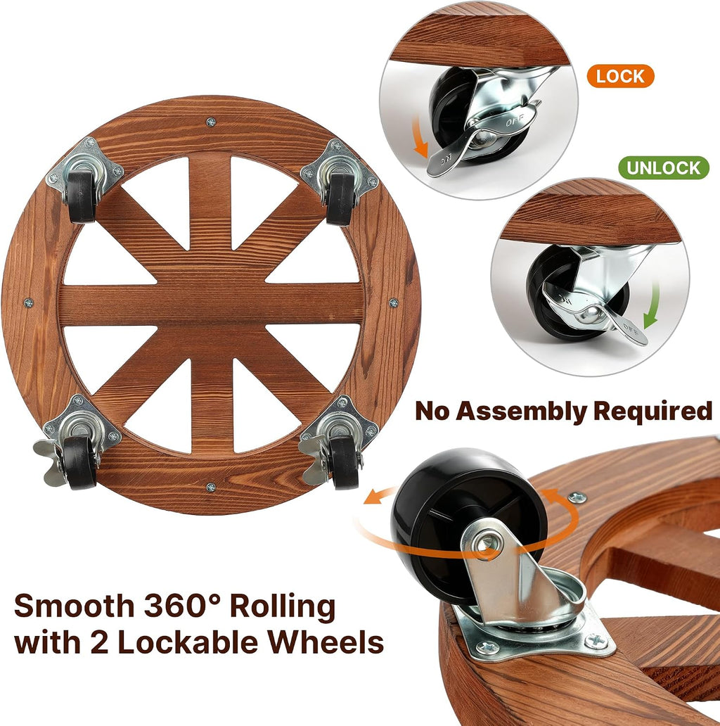 JVD 2 Pack Plant Caddy with Wheels 12'' Wood Rolling Plant Stand Outdoor Brown | Plant Stand 360° Lockable Wheels Heavy
