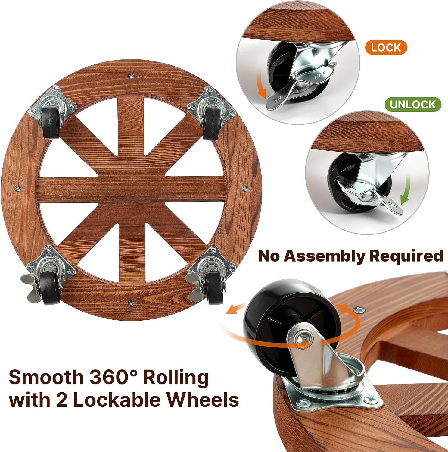 JVD 2 Pack Plant Caddy with Wheels 12'' Wood Rolling Plant Stand Outdoor Brown | Plant Stand 360° Lockable Wheels Heavy