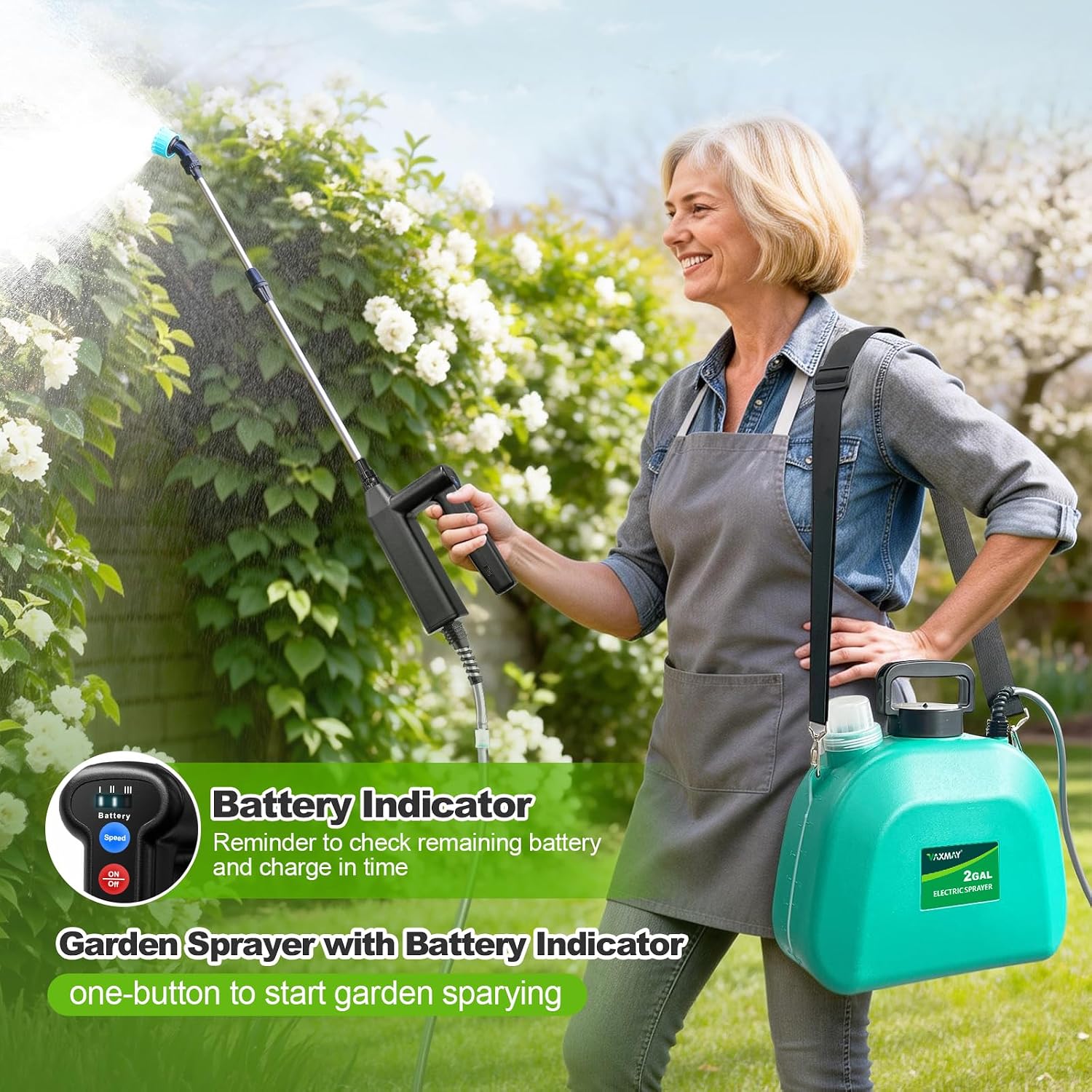 VAXMAY Battery Powered Sprayer 2 Gallon, Upgrade Electric Garden Sprayer with 3 Adjustable Speed, Battery Indicator, 4
